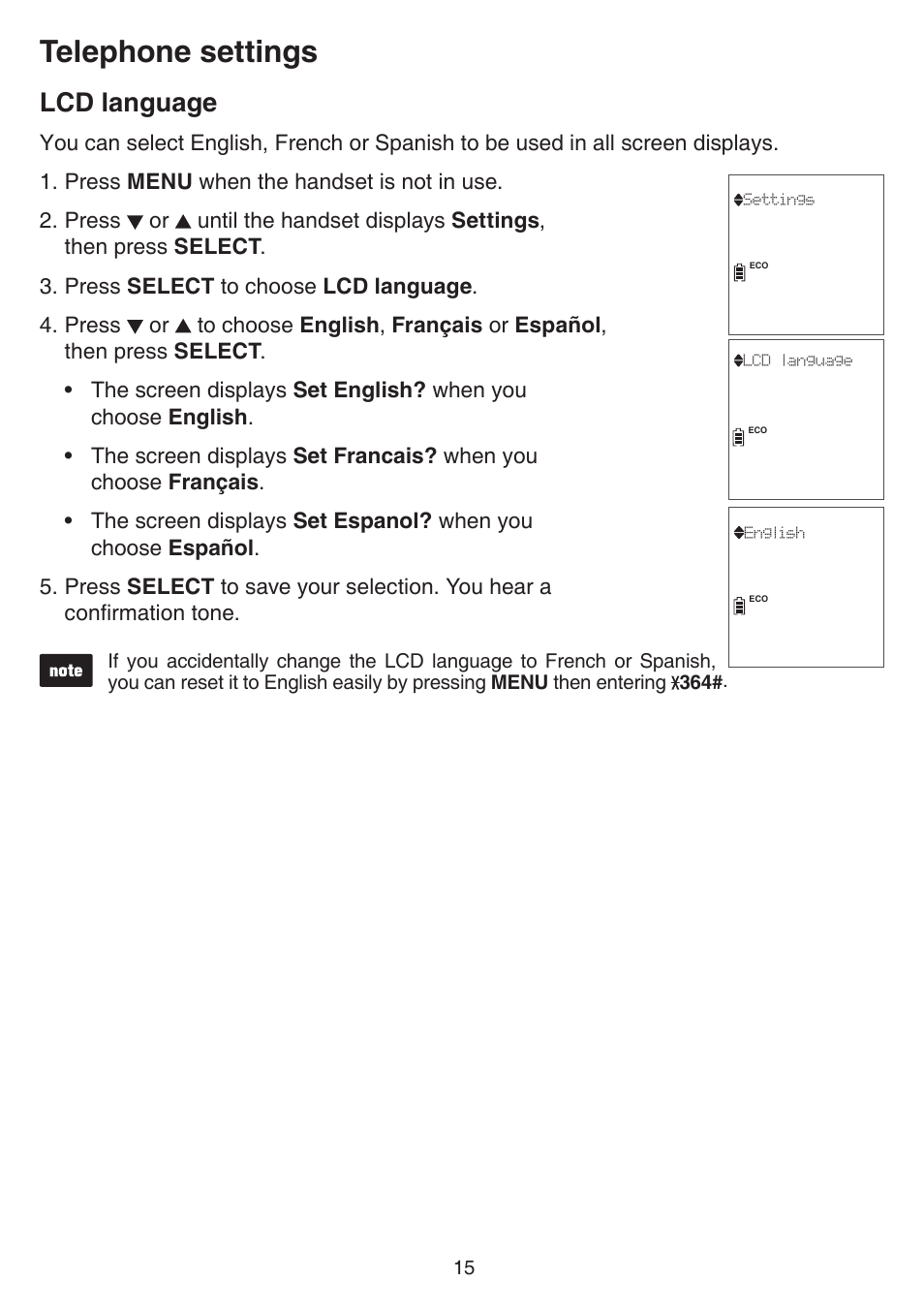 Lcd language, Telephone settings | VTech CS6829 Manual User Manual | Page 19 / 84