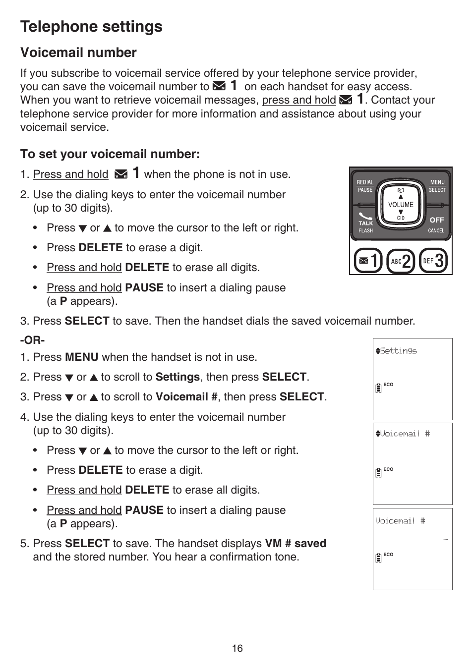 Voicemail number, Telephone settings | VTech CS6829 Manual User Manual | Page 20 / 84