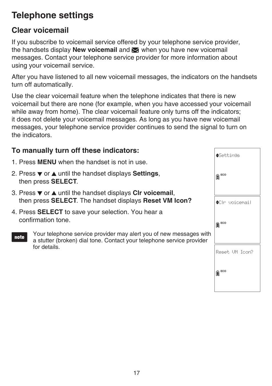Clear voicemail, Telephone settings | VTech CS6829 Manual User Manual | Page 21 / 84