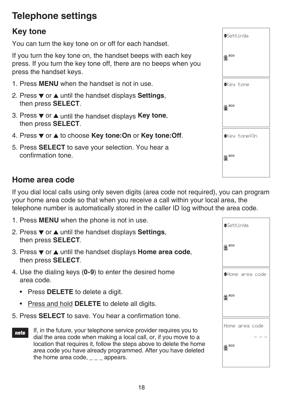 Key tone, Home area code, Key tone home area code | Telephone settings | VTech CS6829 Manual User Manual | Page 22 / 84