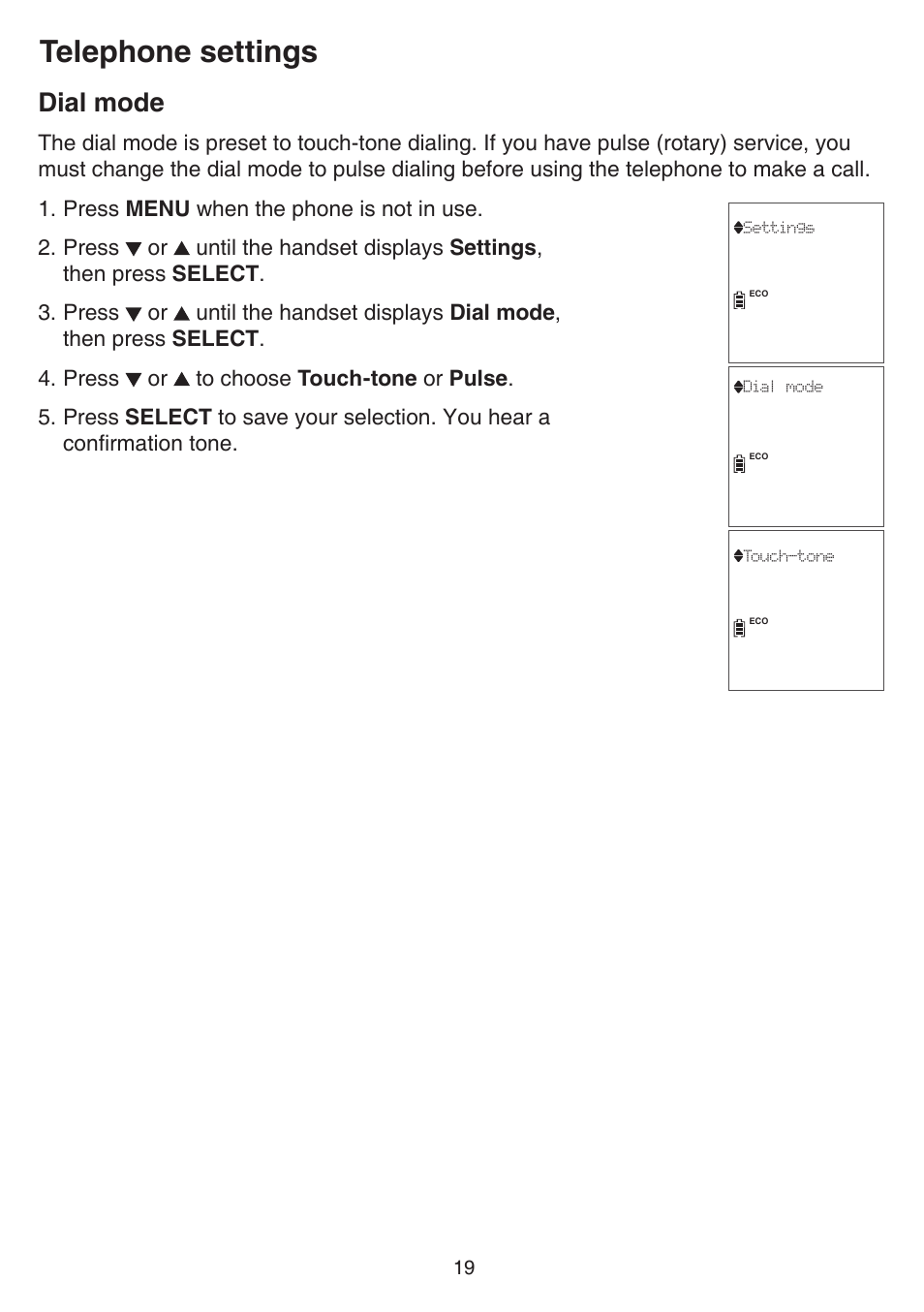 Dial mode, Telephone settings | VTech CS6829 Manual User Manual | Page 23 / 84