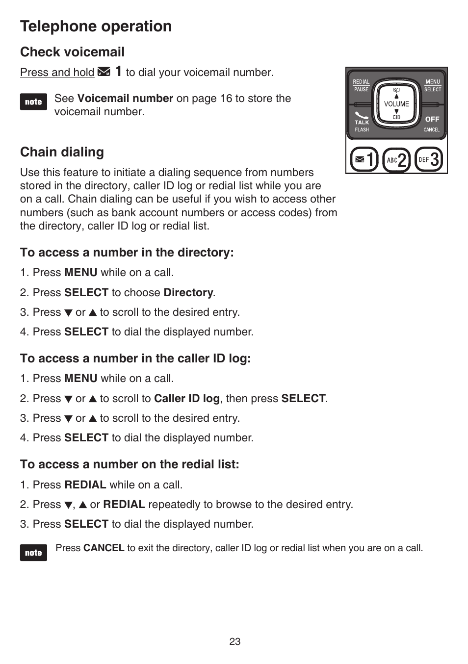 Check voicemail, Chain dialing, Check voicemail chain dialing | Telephone operation | VTech CS6829 Manual User Manual | Page 27 / 84