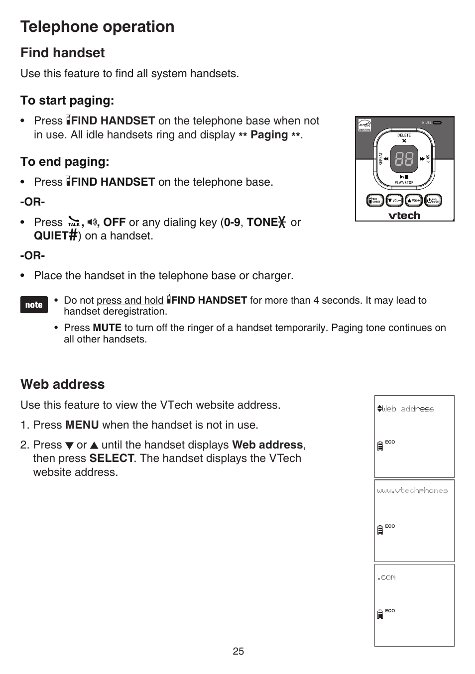 Find handset, Web address, Find handset web address | Telephone operation | VTech CS6829 Manual User Manual | Page 29 / 84