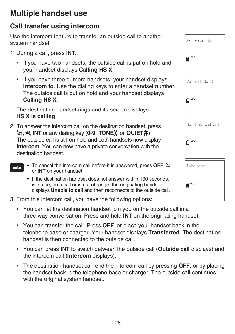 Call transfer using intercom, Multiple handset use | VTech CS6829 Manual User Manual | Page 32 / 84