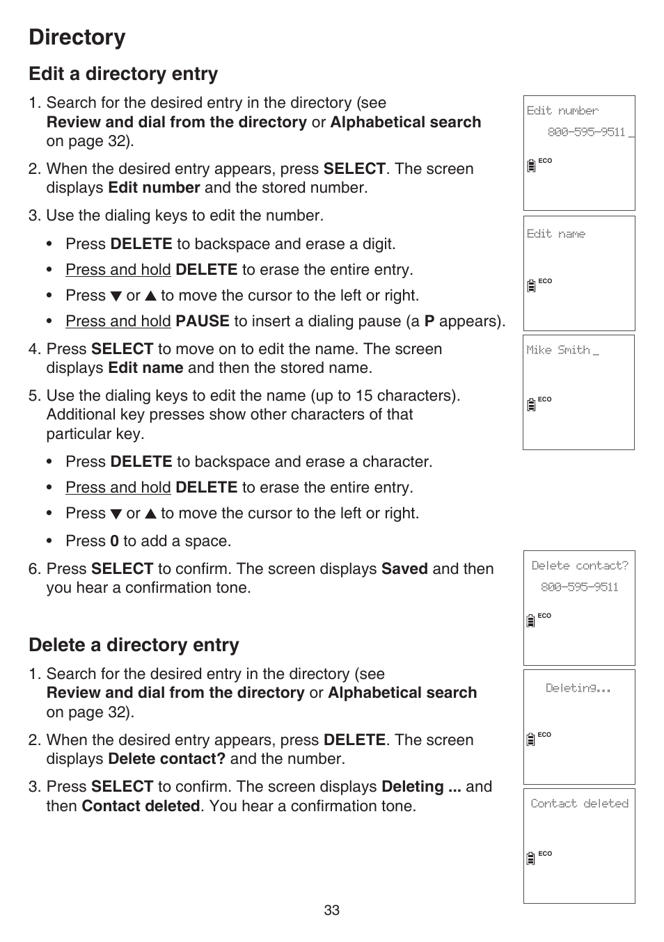 Edit a directory entry, Delete a directory entry, Edit a directory entry delete a directory entry | Directory | VTech CS6829 Manual User Manual | Page 37 / 84