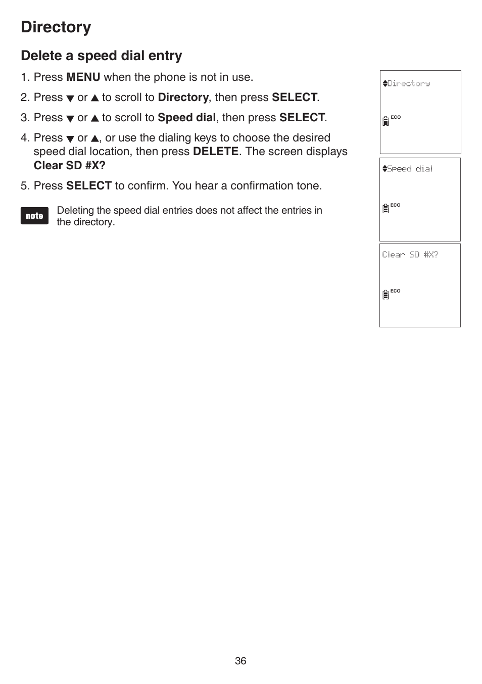 Delete a speed dial entry, Directory | VTech CS6829 Manual User Manual | Page 40 / 84