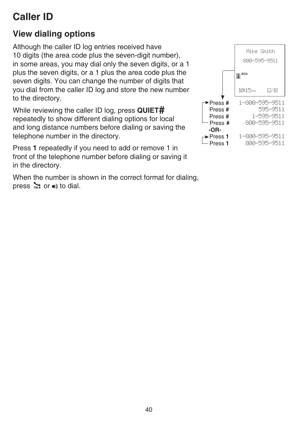 View dialing options, Caller id | VTech CS6829 Manual User Manual | Page 44 / 84