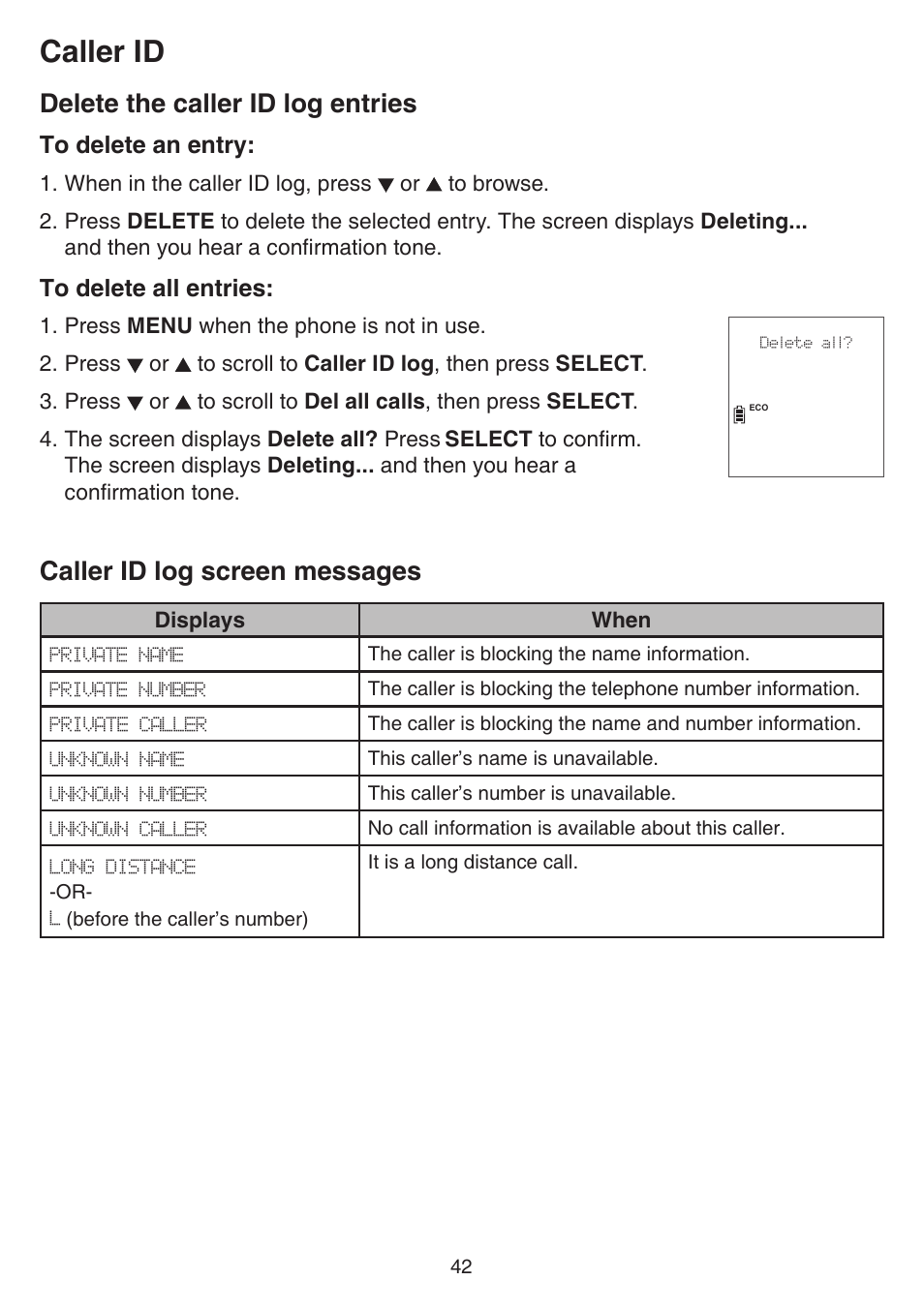 Delete the caller id log entries, Caller id log screen messages, Caller id | VTech CS6829 Manual User Manual | Page 46 / 84