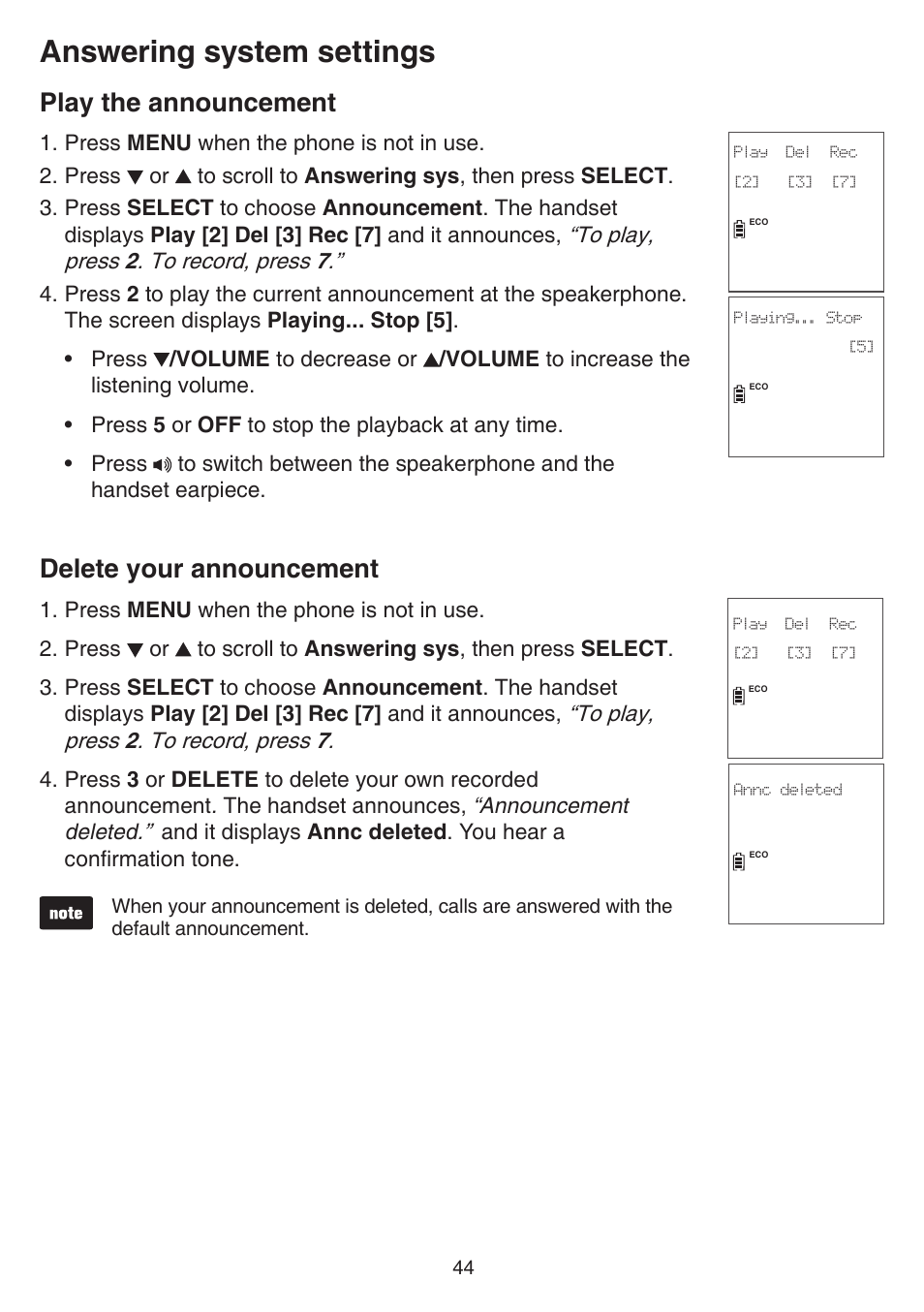 Play the announcement, Delete your announcement, Play the announcement delete your announcement | Answering system settings | VTech CS6829 Manual User Manual | Page 48 / 84
