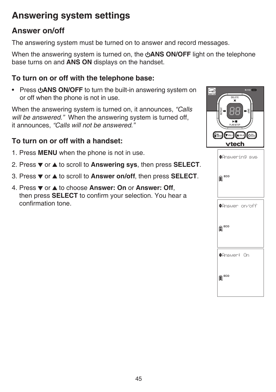 Answer on/off, Answering system settings | VTech CS6829 Manual User Manual | Page 49 / 84