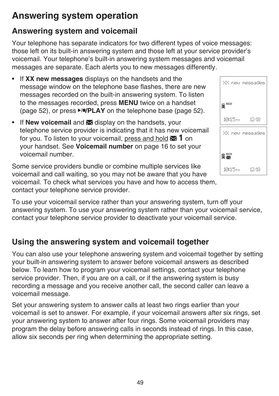 Answering system operation, Answering system and voicemail, Using the answering system and voicemail together | Voicemail together | VTech CS6829 Manual User Manual | Page 53 / 84
