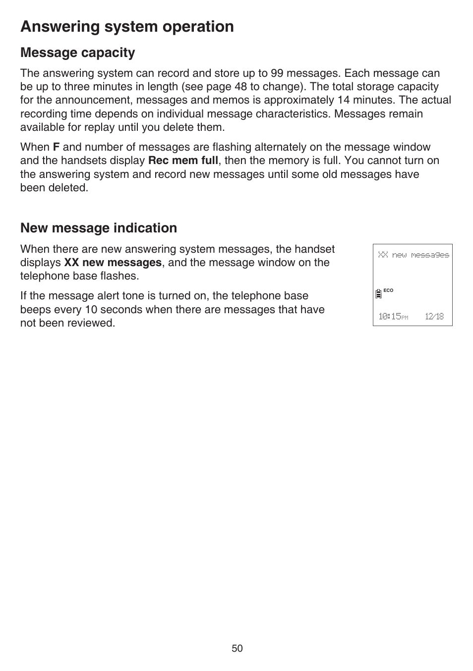 Message capacity, New message indication, Message capacity new message indication | Answering system operation | VTech CS6829 Manual User Manual | Page 54 / 84