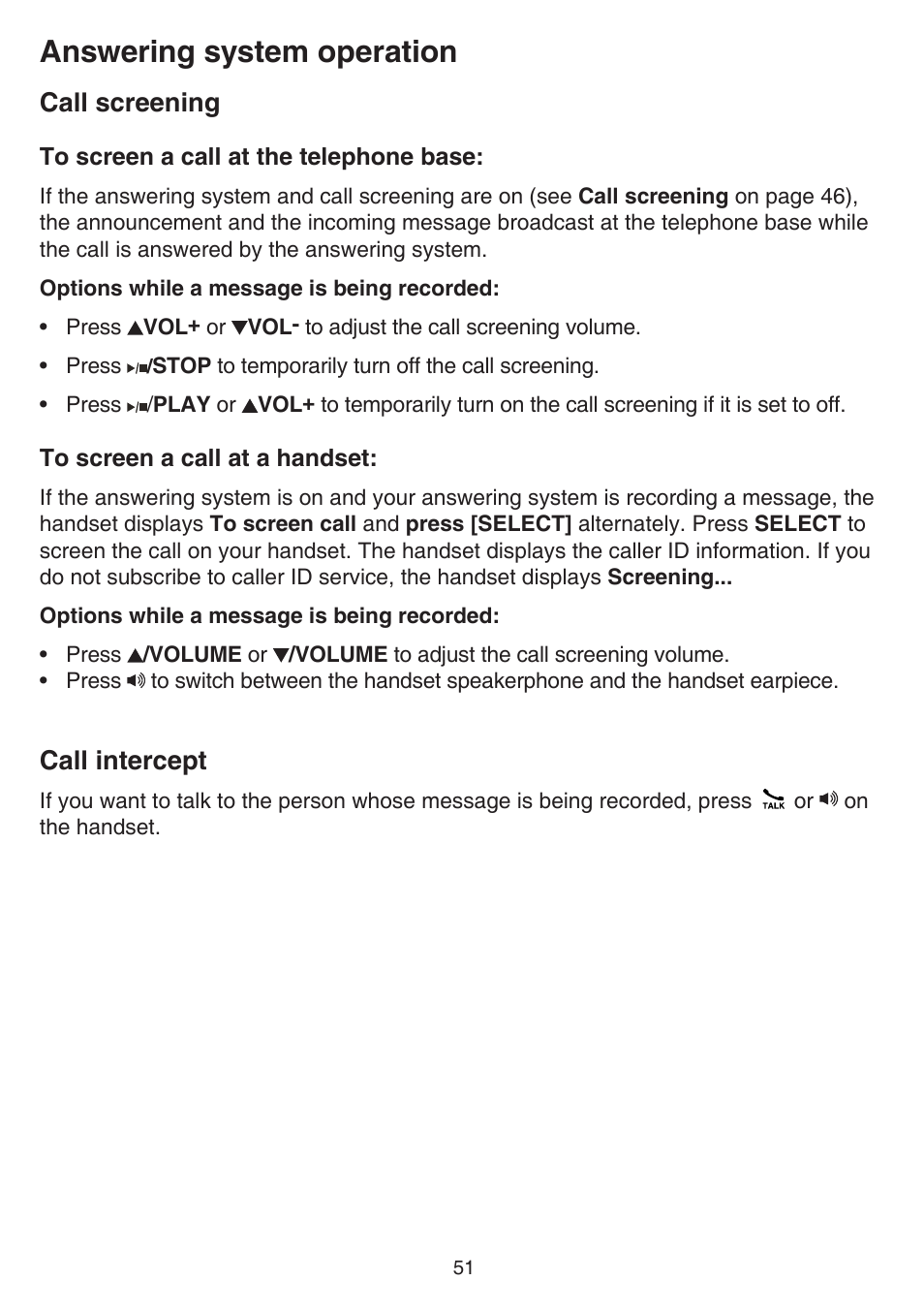 Call screening, Call intercept, Call screening call intercept | Answering system operation | VTech CS6829 Manual User Manual | Page 55 / 84