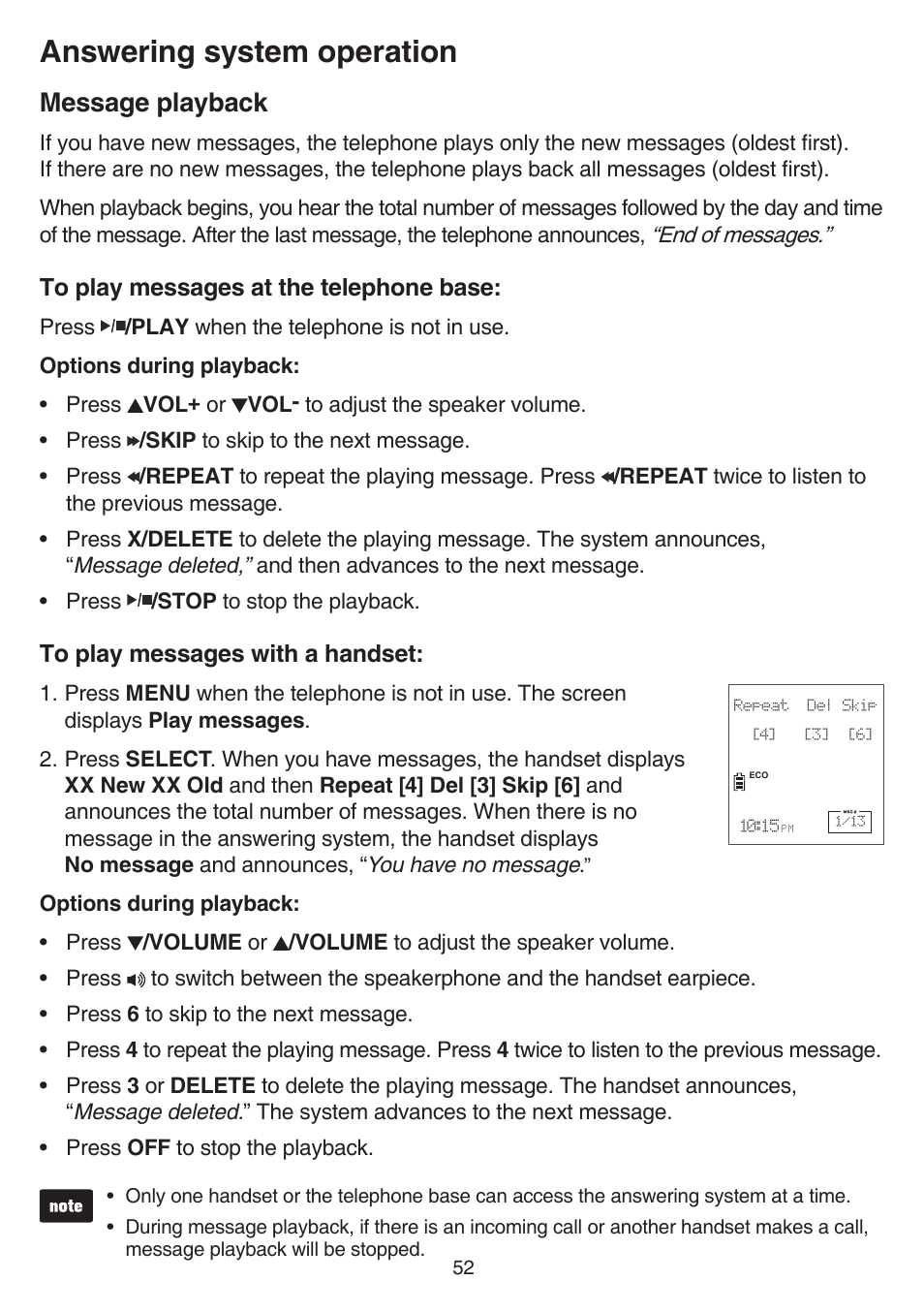 Message playback, Answering system operation | VTech CS6829 Manual User Manual | Page 56 / 84