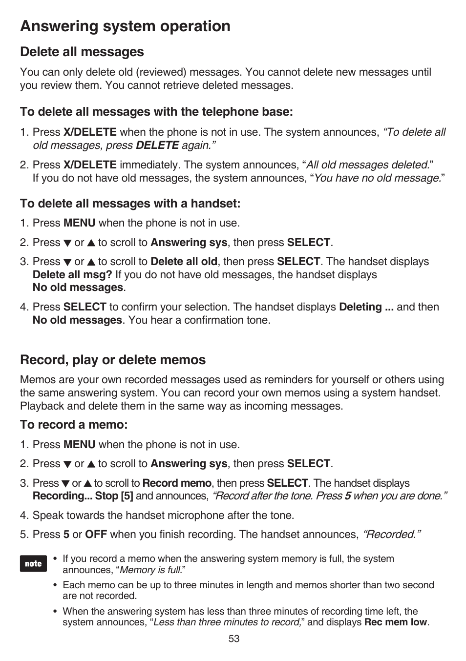 Delete all messages, Record, play or delete memos, Delete all messages record, play or delete memos | Answering system operation | VTech CS6829 Manual User Manual | Page 57 / 84