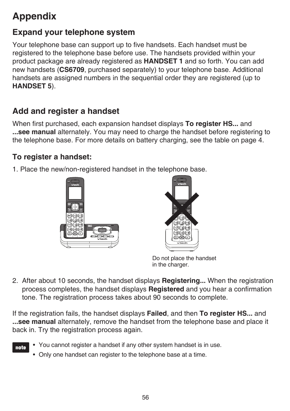 Appendix, Expand your telephone system, Add and register a handset | VTech CS6829 Manual User Manual | Page 60 / 84