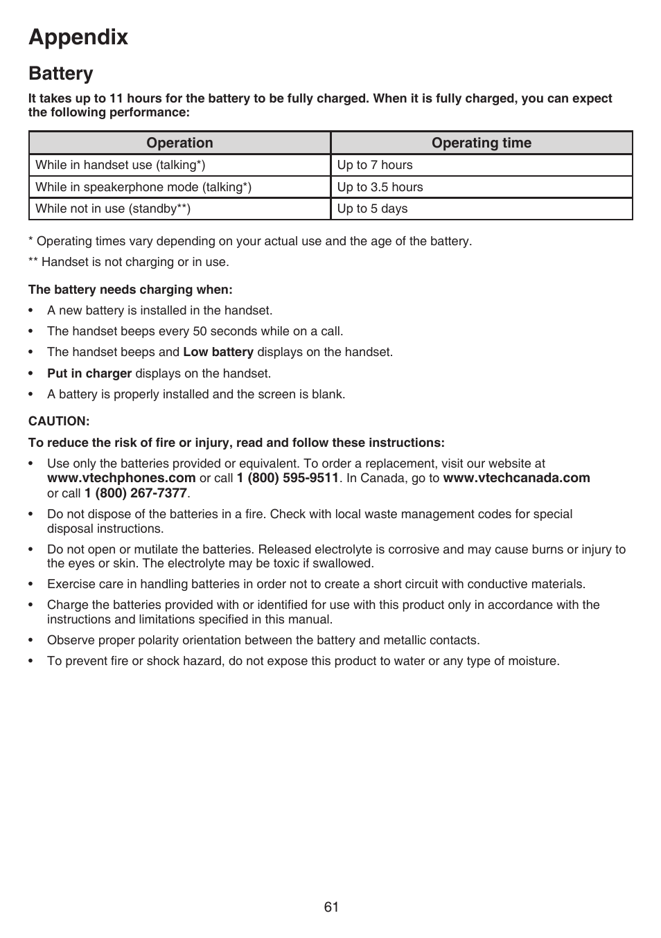 Battery, Appendix | VTech CS6829 Manual User Manual | Page 65 / 84