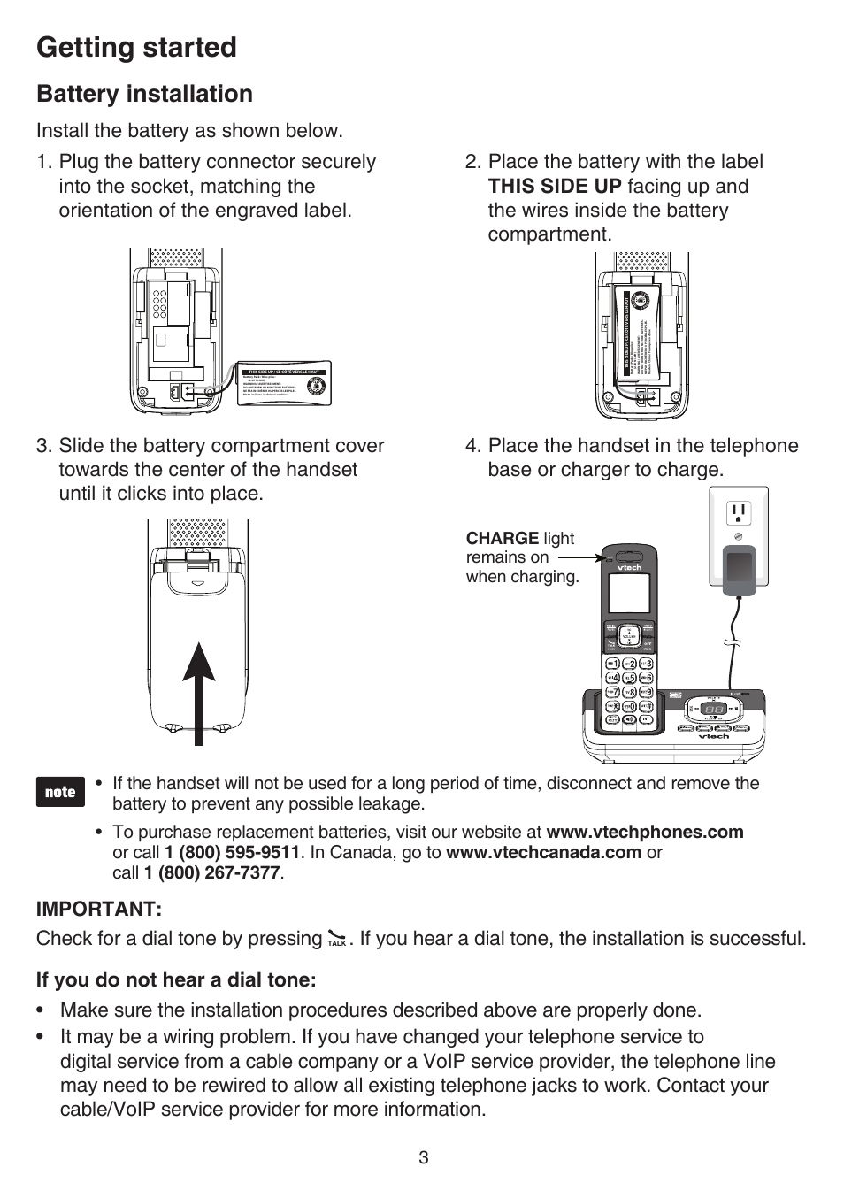 Battery installation, Getting started, Install the battery as shown below | Charge light remains on when charging | VTech CS6829 Manual User Manual | Page 7 / 84