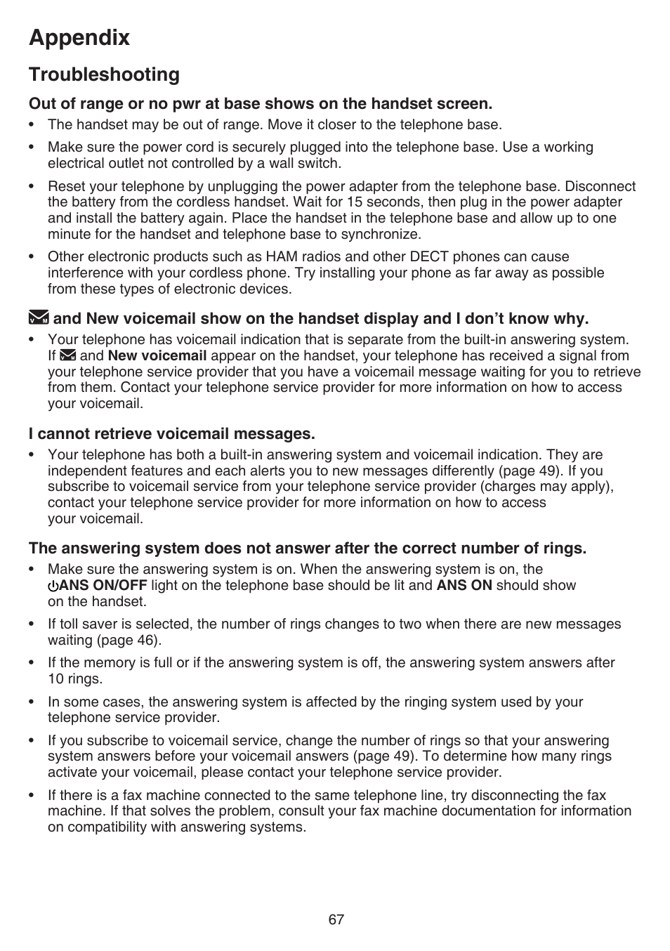 Appendix, Troubleshooting | VTech CS6829 Manual User Manual | Page 71 / 84