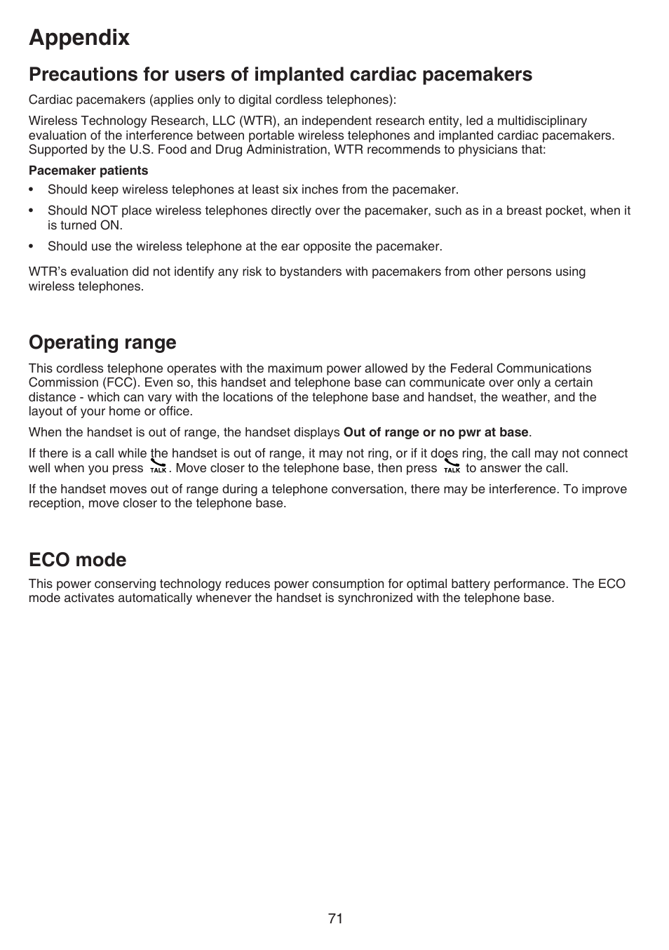 Operating range, Eco mode, Precautions for users of implanted | Cardiac pacemakers operating range eco mode, Appendix | VTech CS6829 Manual User Manual | Page 75 / 84