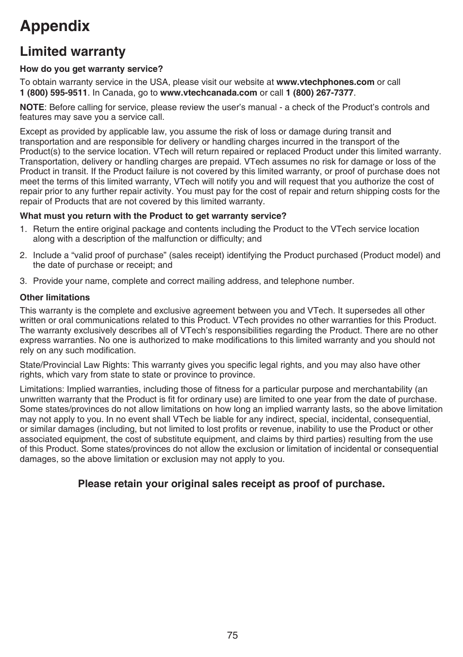 Appendix, Limited warranty | VTech CS6829 Manual User Manual | Page 79 / 84