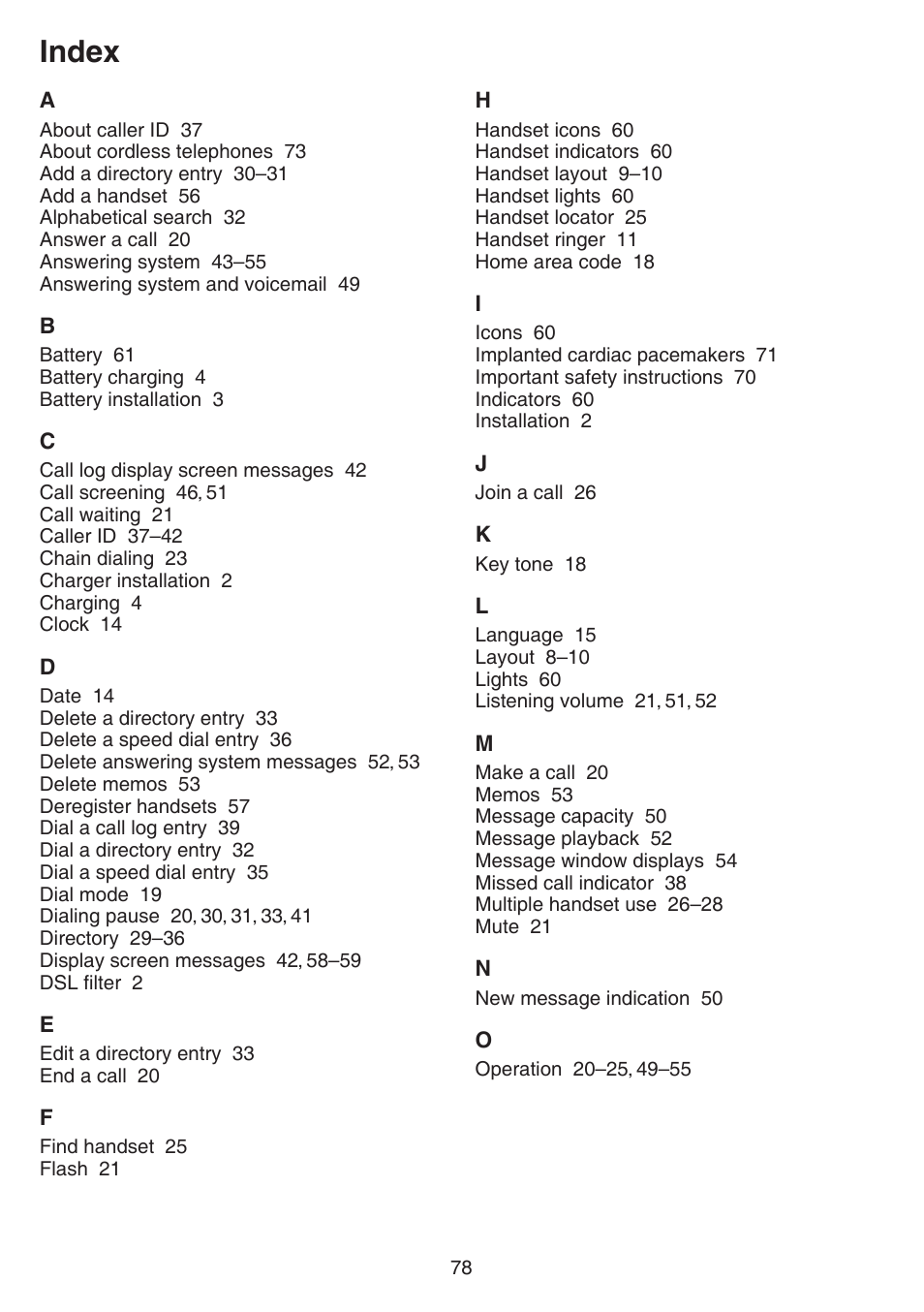 Index | VTech CS6829 Manual User Manual | Page 82 / 84