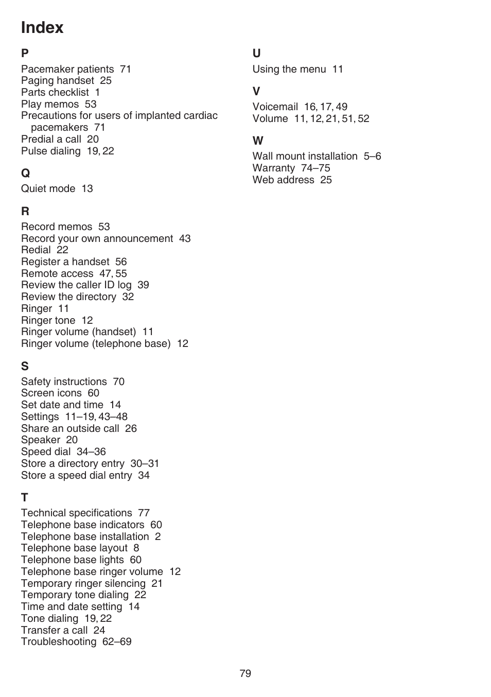 Index | VTech CS6829 Manual User Manual | Page 83 / 84
