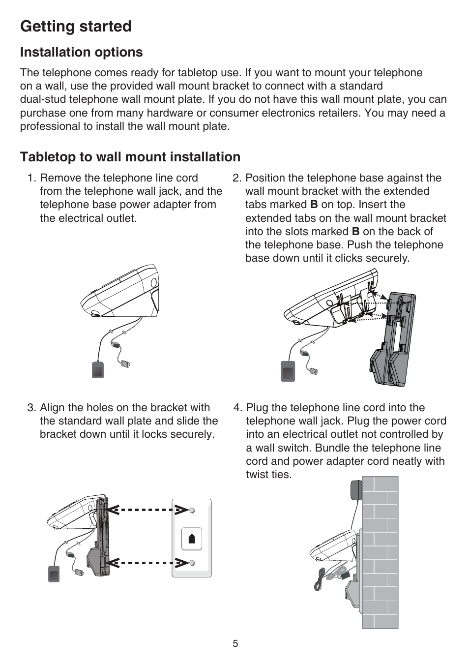 Installation options, Tabletop to wall mount installation, Getting started | VTech CS6829 Manual User Manual | Page 9 / 84