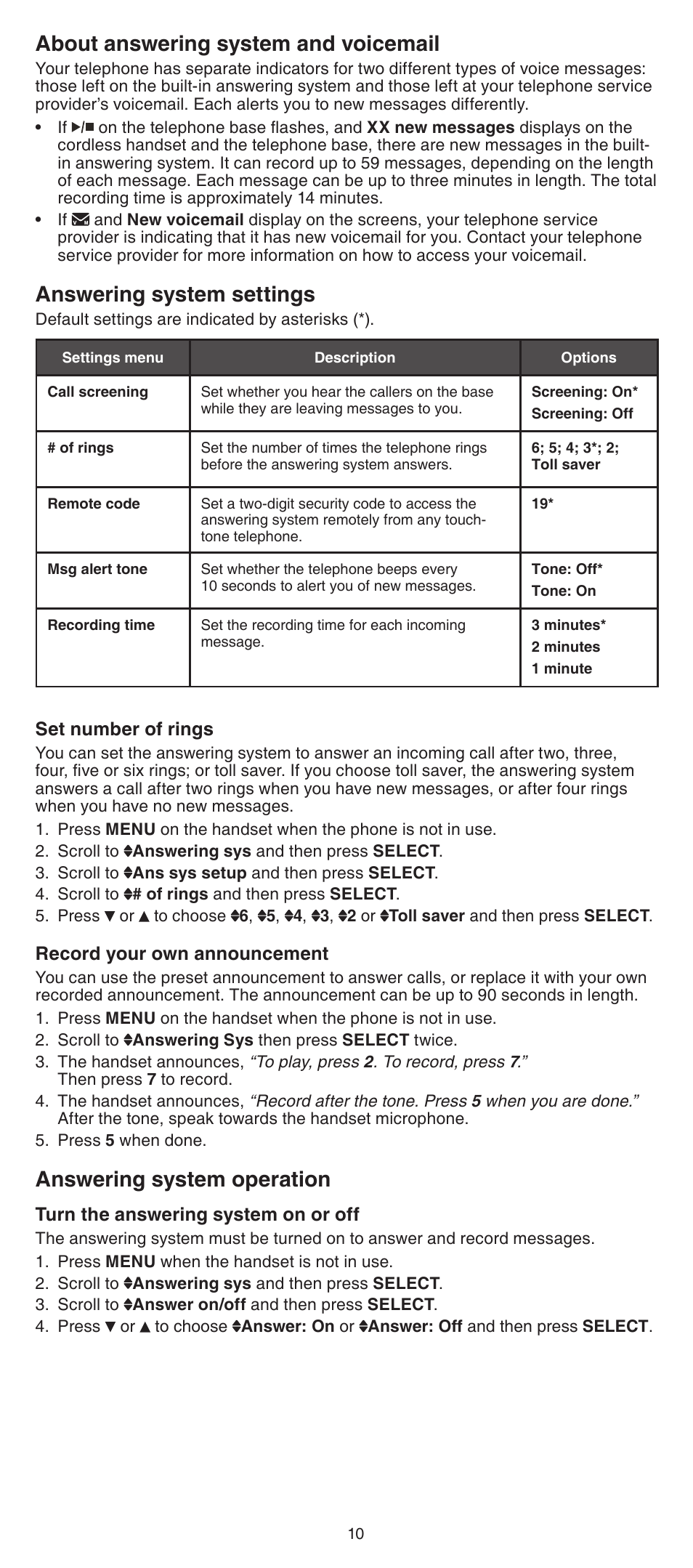 About answering system and voicemail, Answering system settings, Answering system operation | VTech LS6191_-13-15-16-17 Abridged manual User Manual | Page 10 / 16