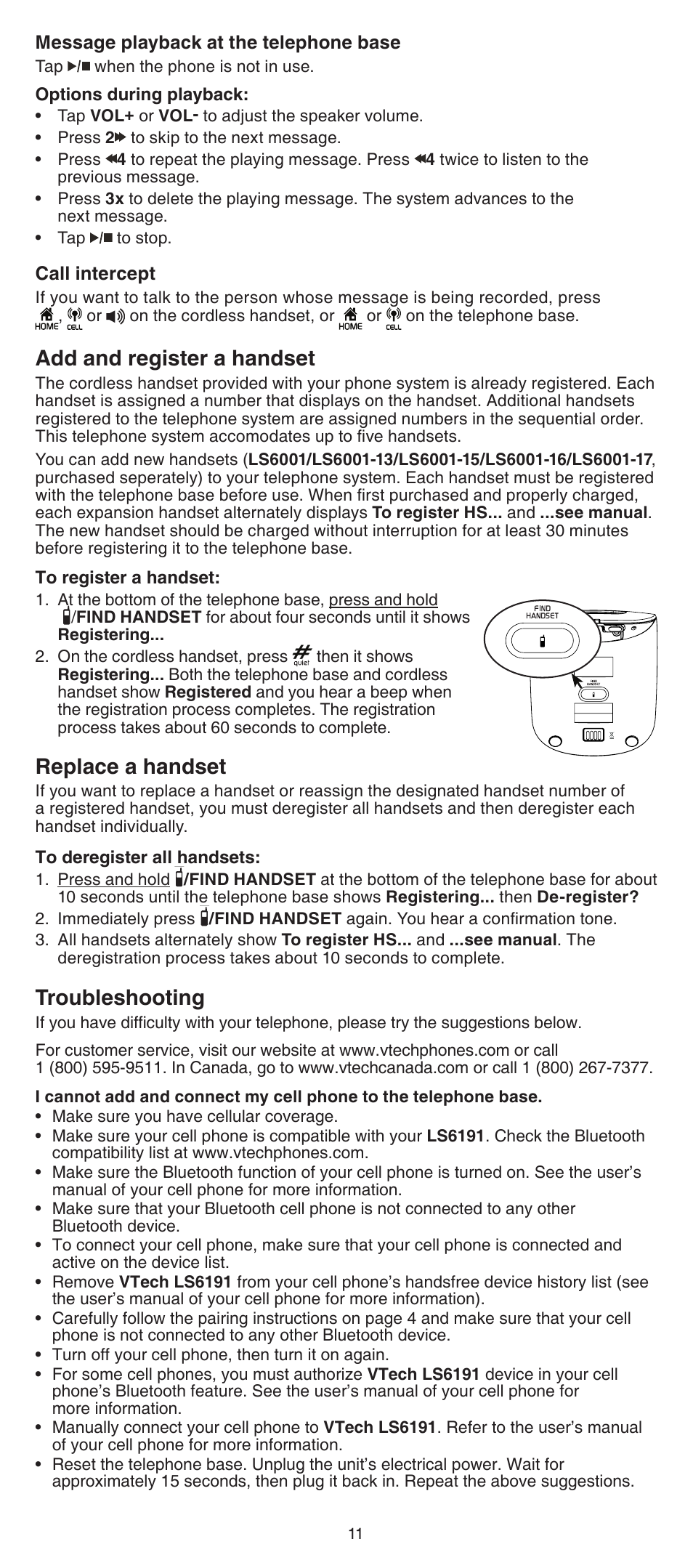 Add and register a handset, Replace a handset, Troubleshooting | VTech LS6191_-13-15-16-17 Abridged manual User Manual | Page 11 / 16