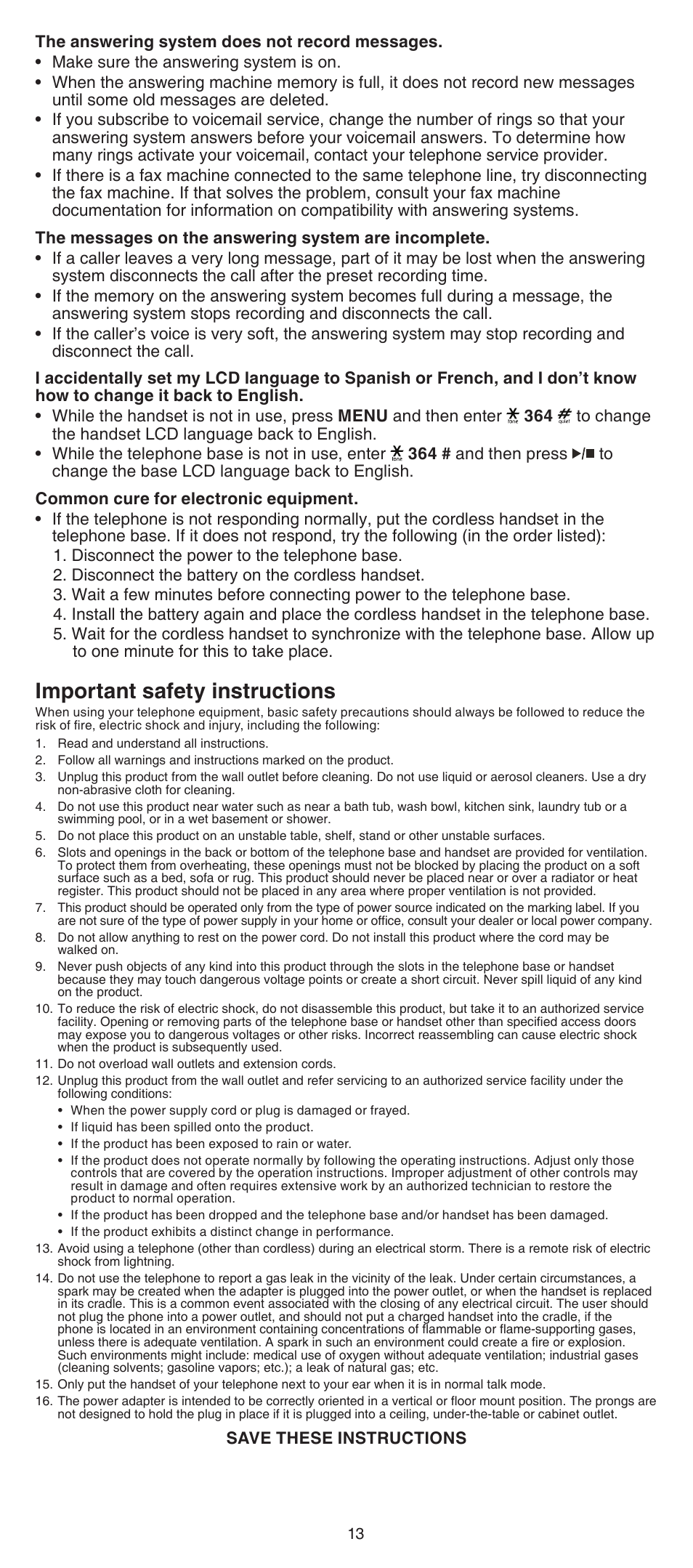 Important safety instructions | VTech LS6191_-13-15-16-17 Abridged manual User Manual | Page 13 / 16