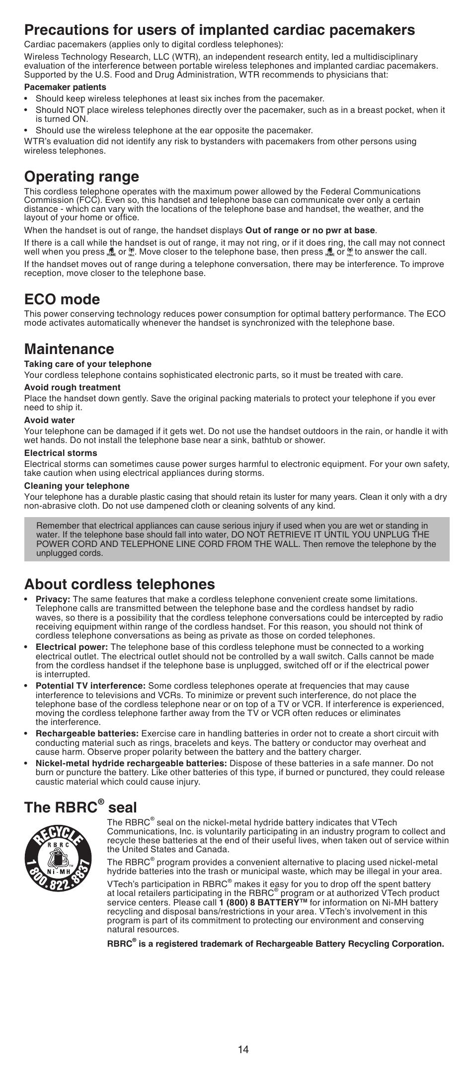 Operating range, Eco mode, Maintenance | About cordless telephones, The rbrc, Seal | VTech LS6191_-13-15-16-17 Abridged manual User Manual | Page 14 / 16