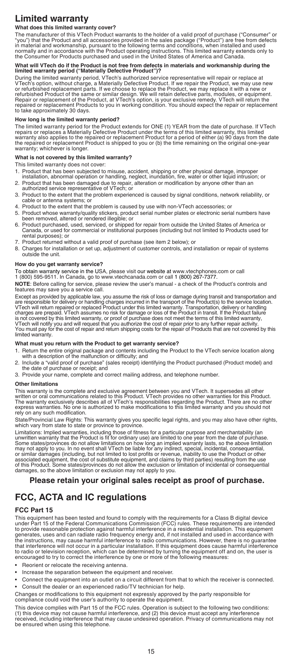 Limited warranty, Fcc, acta and ic regulations, Fcc part 15 | VTech LS6191_-13-15-16-17 Abridged manual User Manual | Page 15 / 16