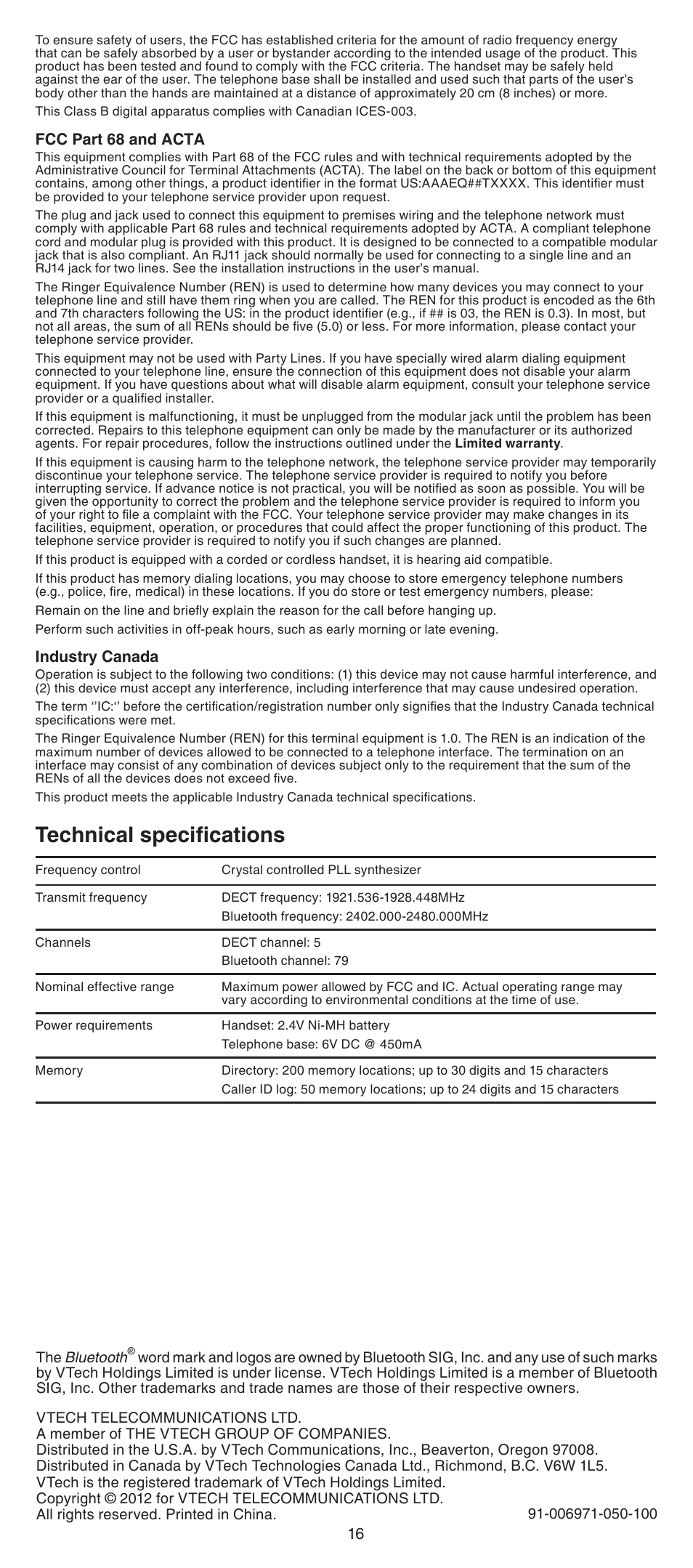 Technical specifications | VTech LS6191_-13-15-16-17 Abridged manual User Manual | Page 16 / 16