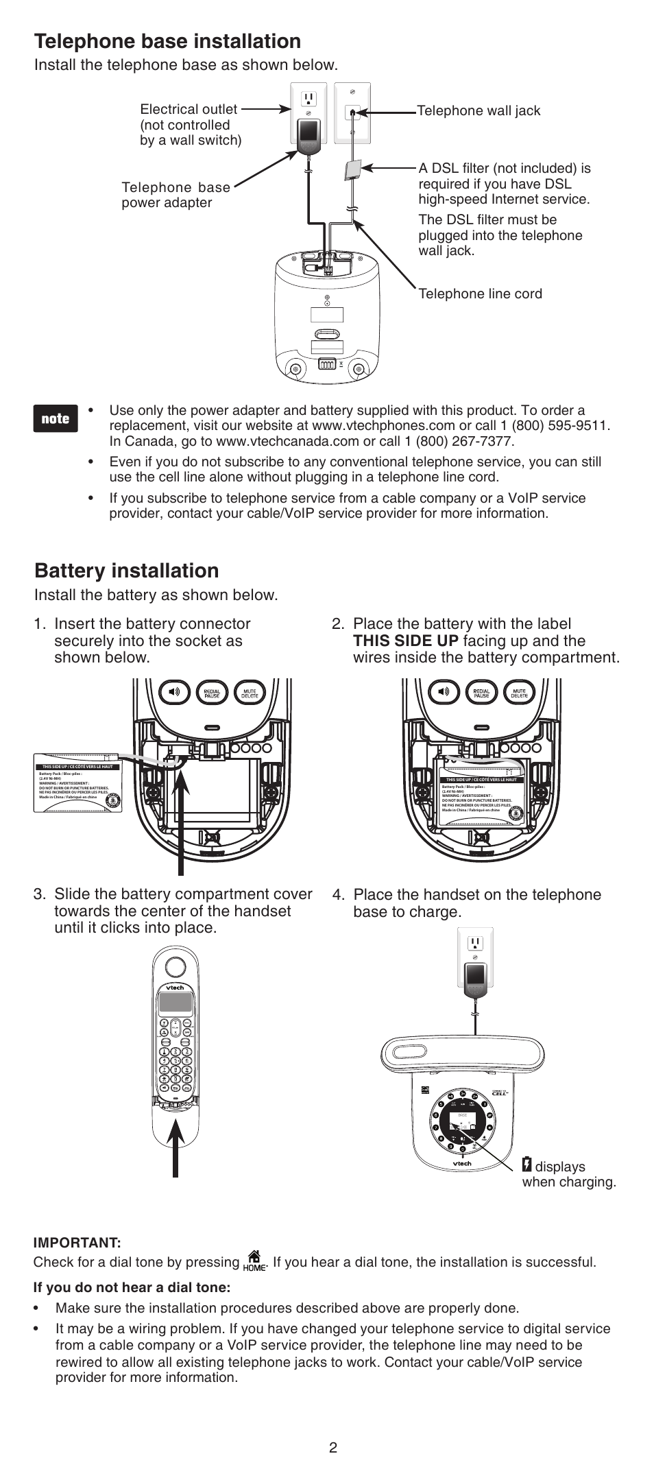 Telephone base installation, Battery installation, Install the telephone base as shown below | VTech LS6191_-13-15-16-17 Abridged manual User Manual | Page 2 / 16