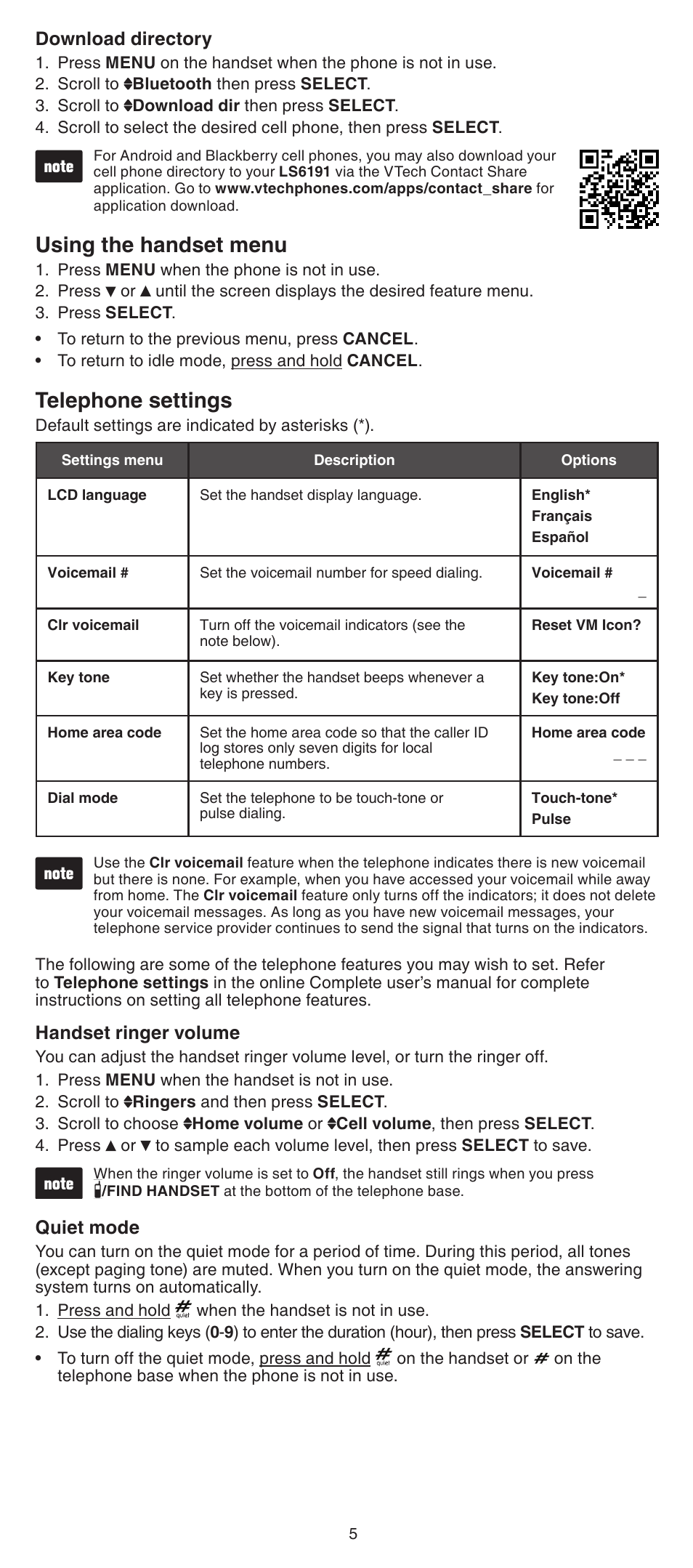 Using the handset menu, Telephone settings | VTech LS6191_-13-15-16-17 Abridged manual User Manual | Page 5 / 16