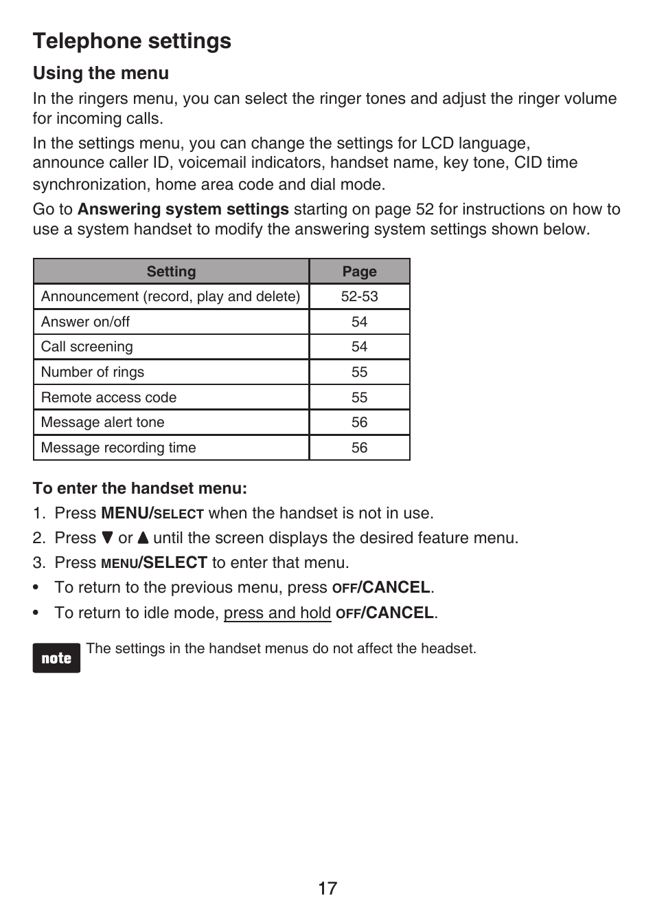 Telephone settings, Using the menu, Telephone settings using the menu | 17 using the menu | VTech LS6476-4 Manual User Manual | Page 21 / 97