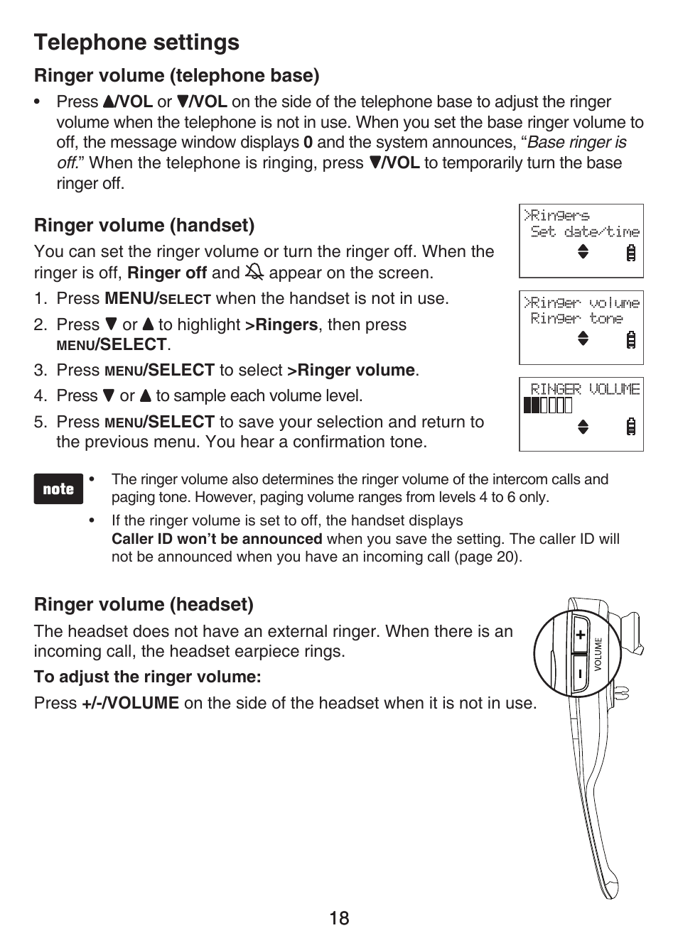 Ringer volume (telephone base), Ringer volume (handset), Ringer volume (headset) | Telephone settings, 18 ringer volume (telephone base) | VTech LS6476-4 Manual User Manual | Page 22 / 97