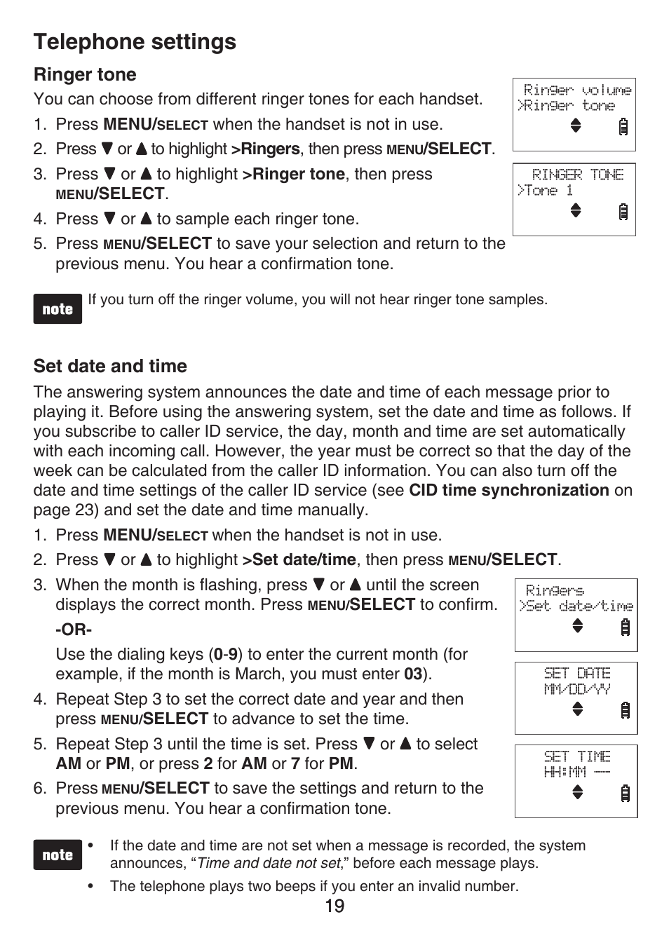 Ringer tone, Set date and time, Ringer tone set date and time | Telephone settings, 19 ringer tone | VTech LS6476-4 Manual User Manual | Page 23 / 97