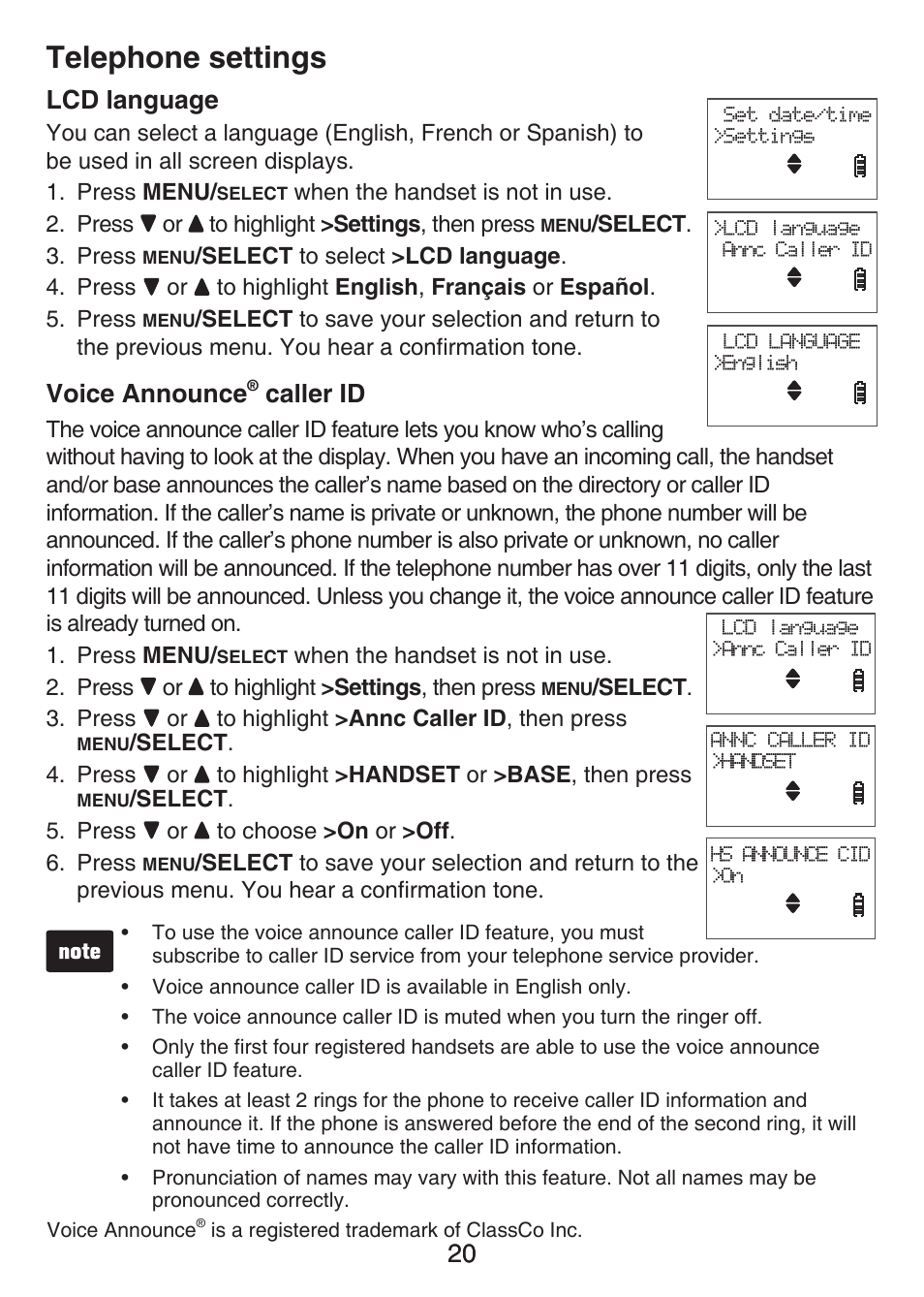 Set contrast, Lcd language, Voice announce caller id | Lcd language voice announce, Caller id, Telephone settings, Voice announce | VTech LS6476-4 Manual User Manual | Page 24 / 97