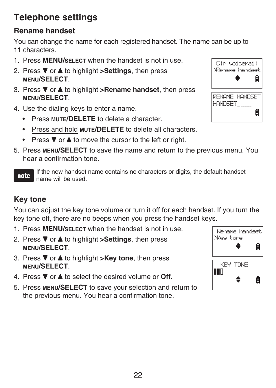 Rename handset, Key tone, Rename handset key tone | Telephone settings, 22 rename handset | VTech LS6476-4 Manual User Manual | Page 26 / 97