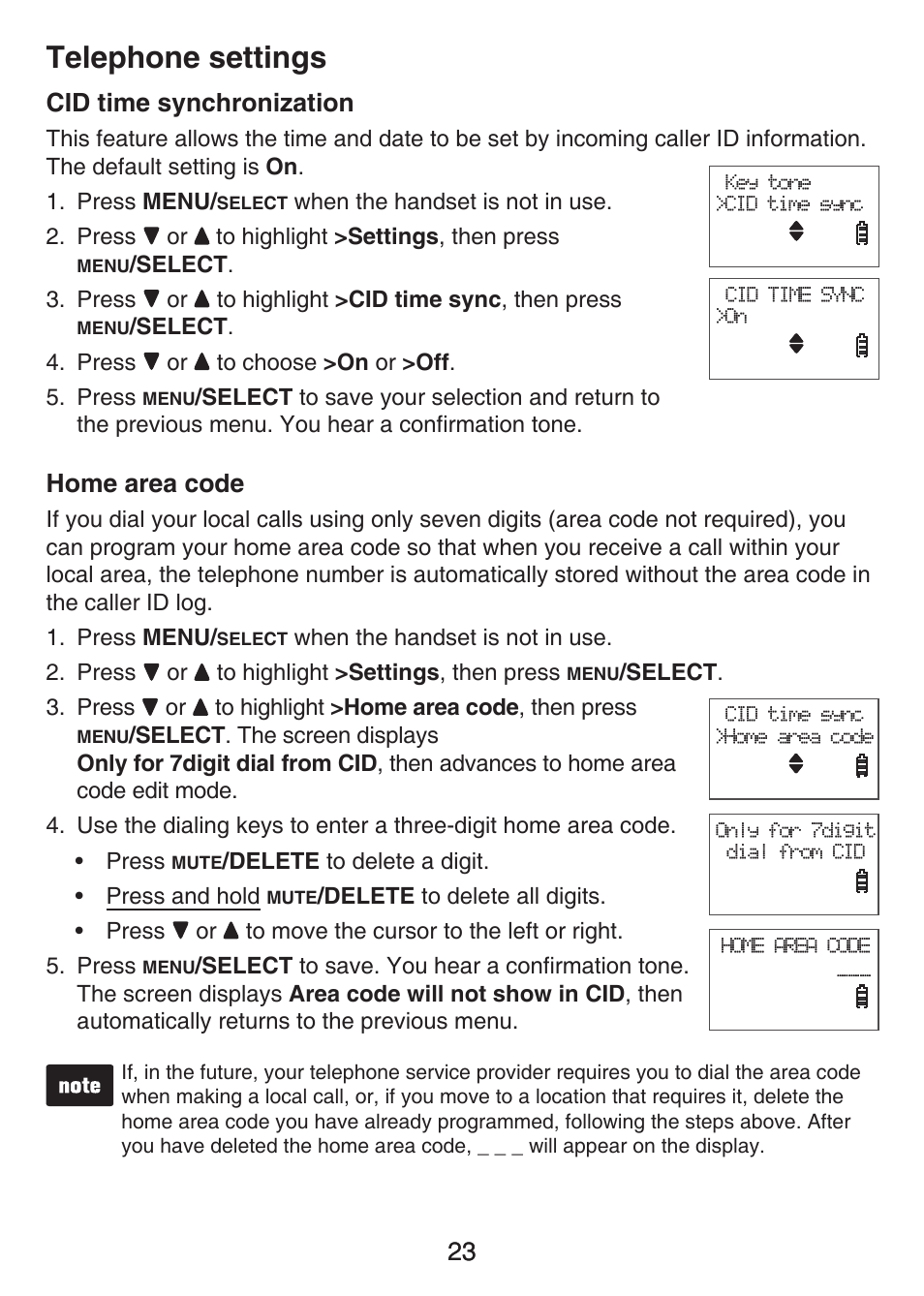 Set time/date, Cid time synchronization, Home area code | Cid time synchronization home area code, Telephone settings, 23 cid time synchronization | VTech LS6476-4 Manual User Manual | Page 27 / 97