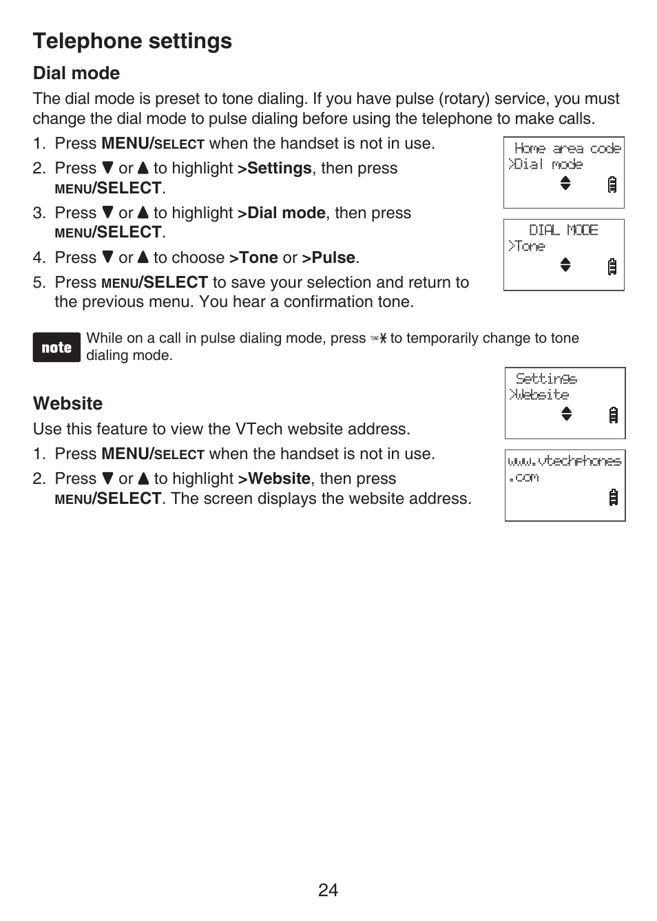 Call waiting, Dial mode, Website | Dial mode website, Telephone settings | VTech LS6476-4 Manual User Manual | Page 28 / 97
