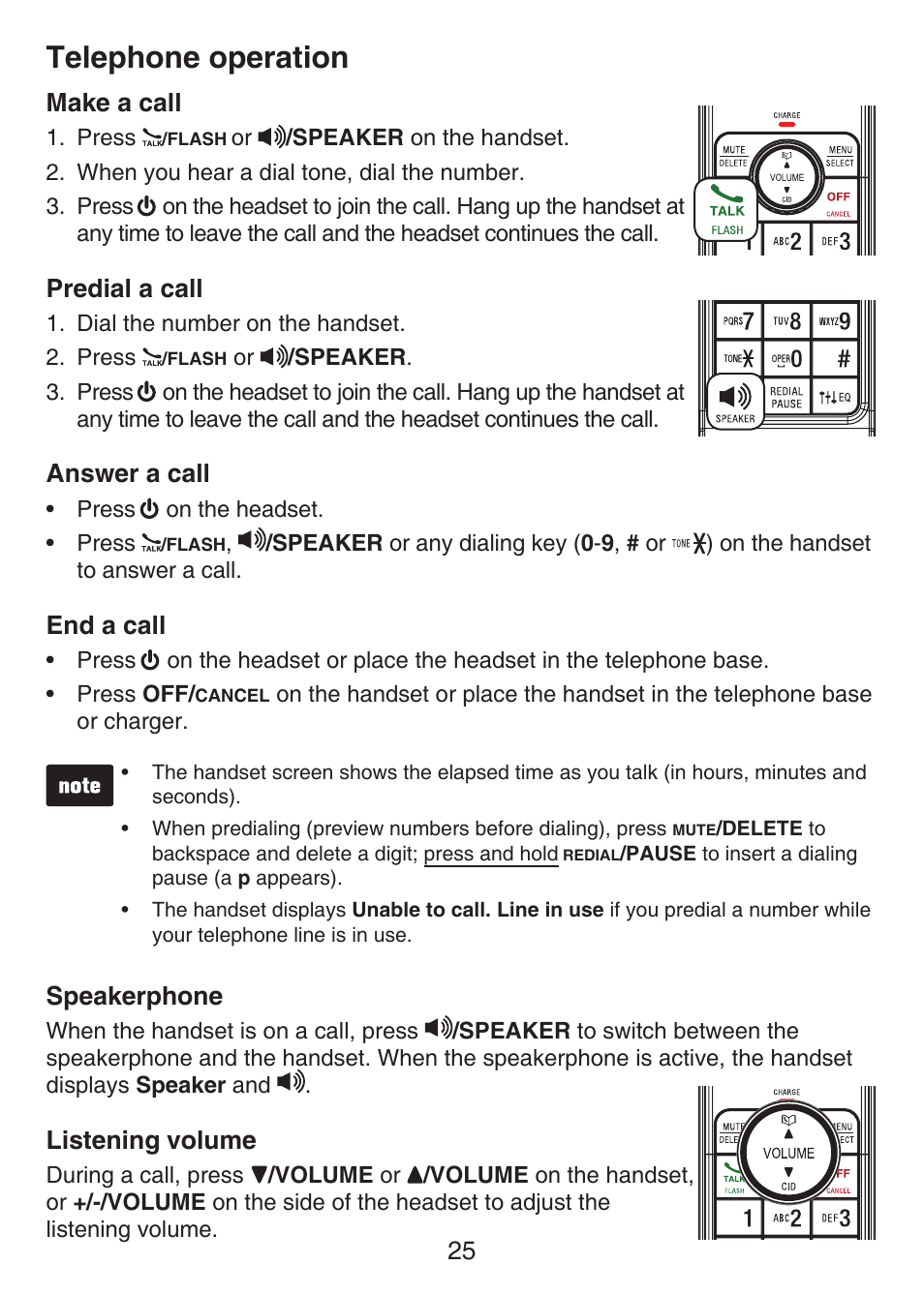 Making and answering a call, Last number redial, Ringer volume control | Handset volume control, Telephone operation, Make a call, Predial a call, Answer a call, End a call, Speakerphone | VTech LS6476-4 Manual User Manual | Page 29 / 97