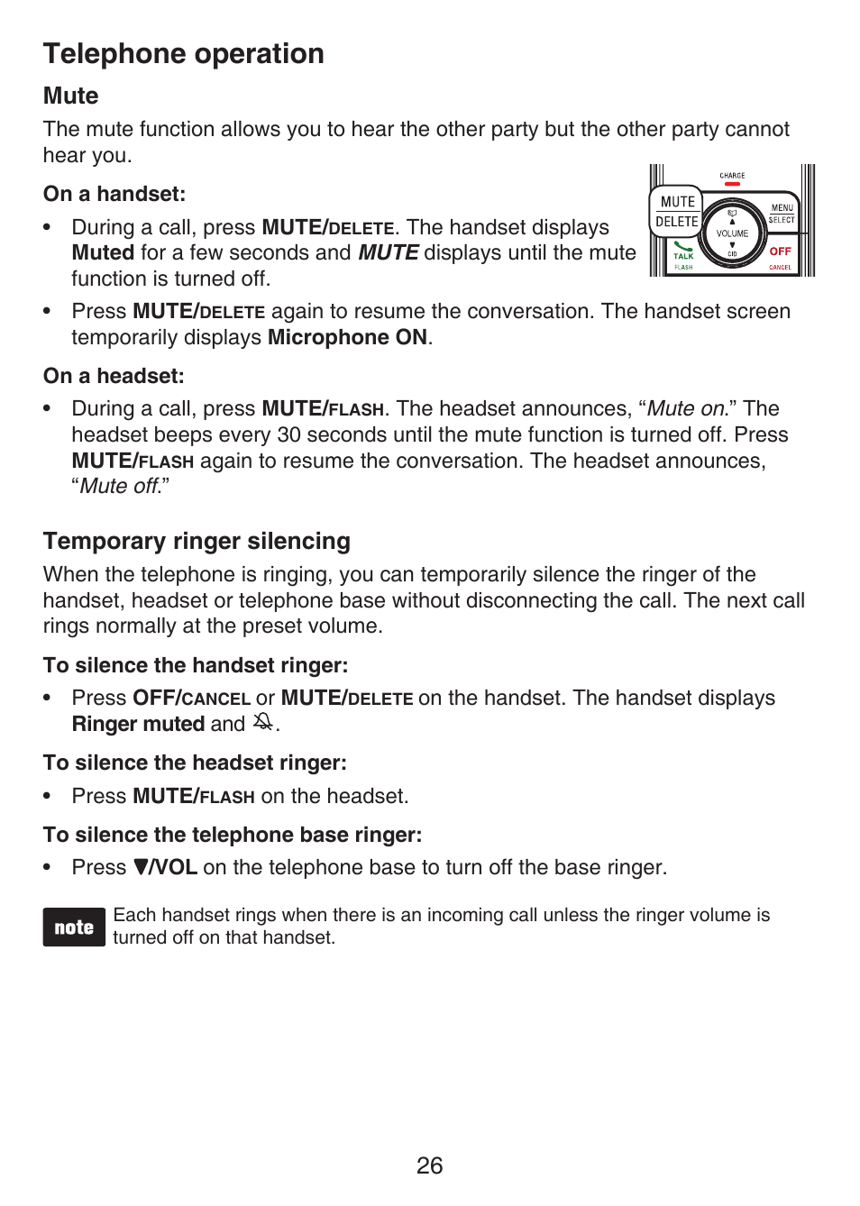 Flash, Mute, Temporary tone dialing | Temporary ringer silencing, Telephone operation | VTech LS6476-4 Manual User Manual | Page 30 / 97