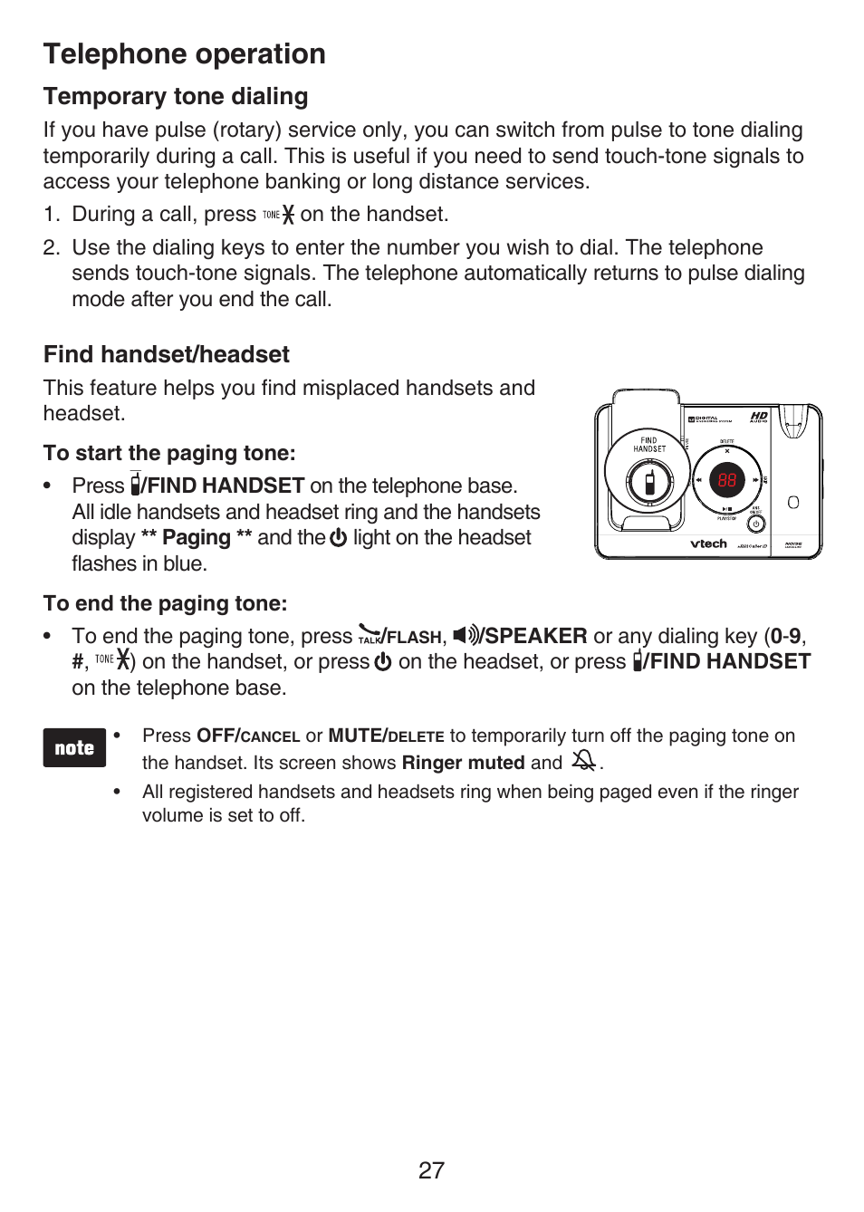 Temporary tone dialing, Find handset/headset, Temporary tone dialing find handset/headset | Telephone operation, 27 temporary tone dialing | VTech LS6476-4 Manual User Manual | Page 31 / 97