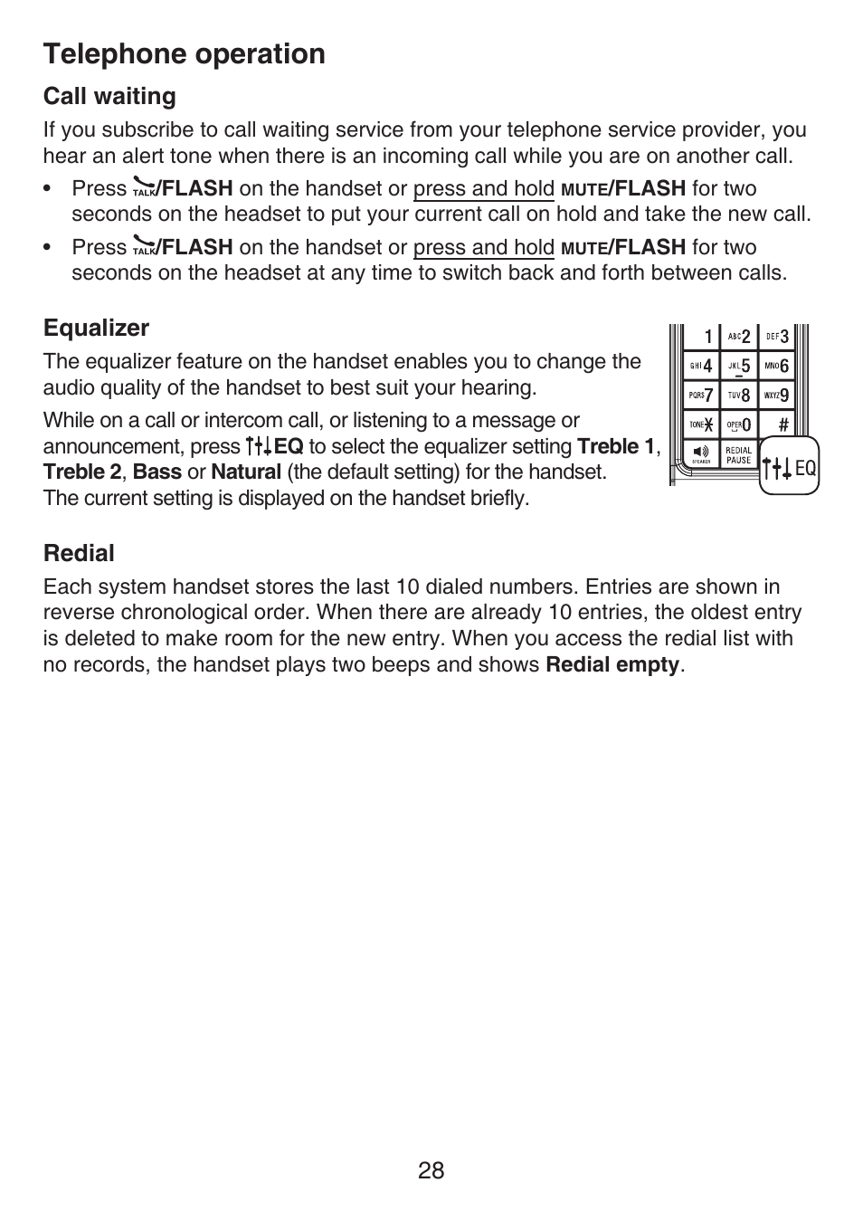 Memory overview, Storing a number in a one-touch location, Call waiting | Equalizer, Redial, Call waiting equalizer redial, Telephone operation | VTech LS6476-4 Manual User Manual | Page 32 / 97