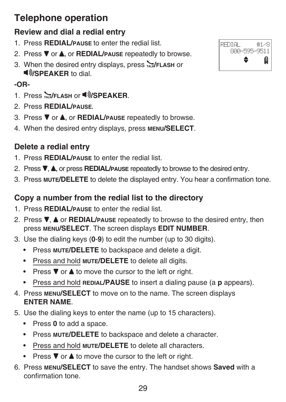Review and dial a redial entry, Delete a redial entry, To the directory | Telephone operation, 29 review and dial a redial entry | VTech LS6476-4 Manual User Manual | Page 33 / 97