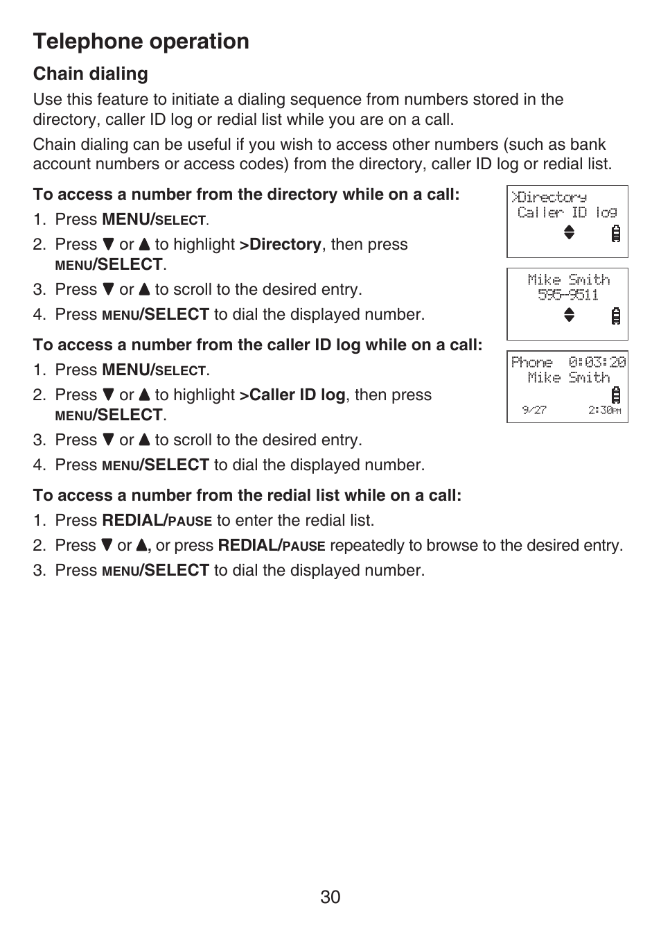 Dialing a number stored in the one-touch location, Storing a number in a two-touch location, Dialing a number stored in the two-touch location | Chain dialing, Telephone operation, 30 chain dialing | VTech LS6476-4 Manual User Manual | Page 34 / 97