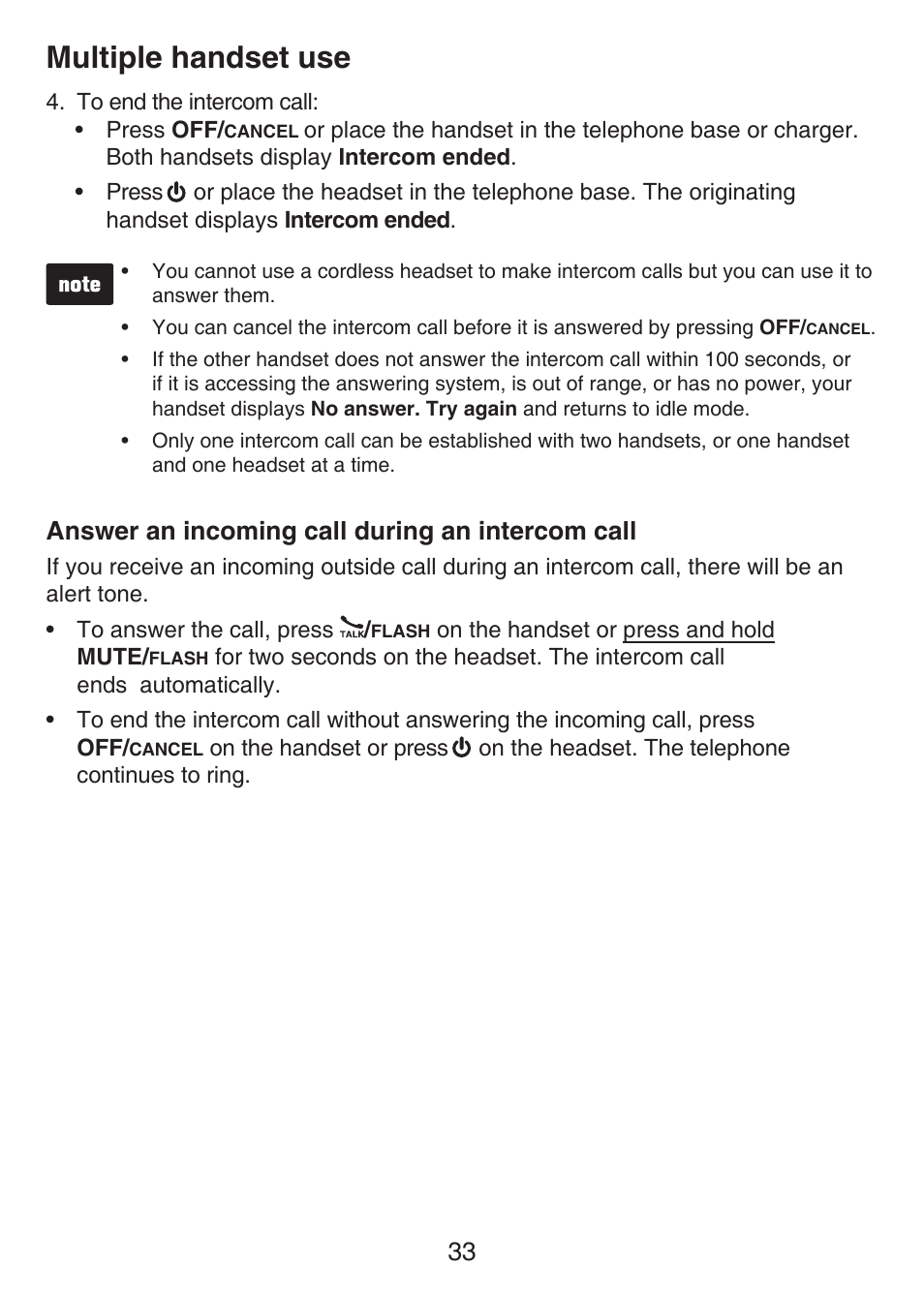 Answer an incoming call during an intercom call, Answer an incoming call during an, Intercom call | Multiple handset use | VTech LS6476-4 Manual User Manual | Page 37 / 97